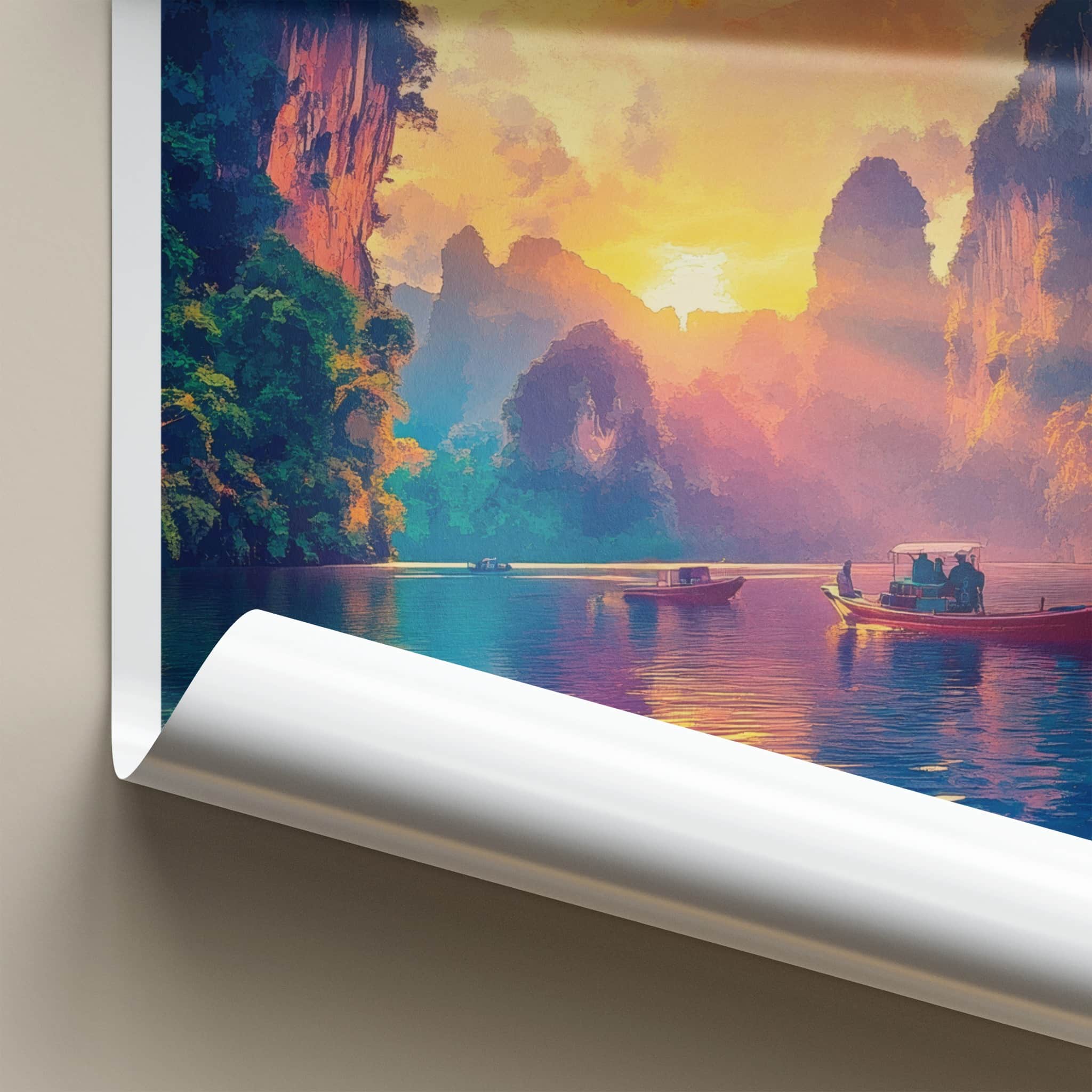 Phang Nga Bay Poster - Thailand Travel Art - Golden Hour Boats Home Decor