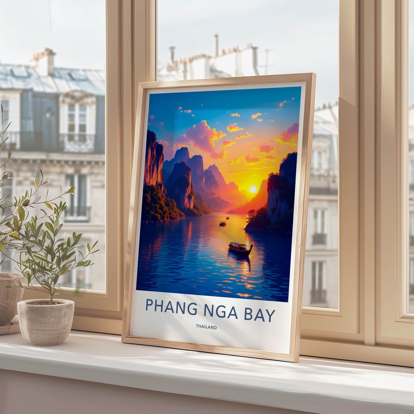 Phang Nga Bay Poster - Thailand Travel Art - Vibrant Sunset Boats Home Decor
