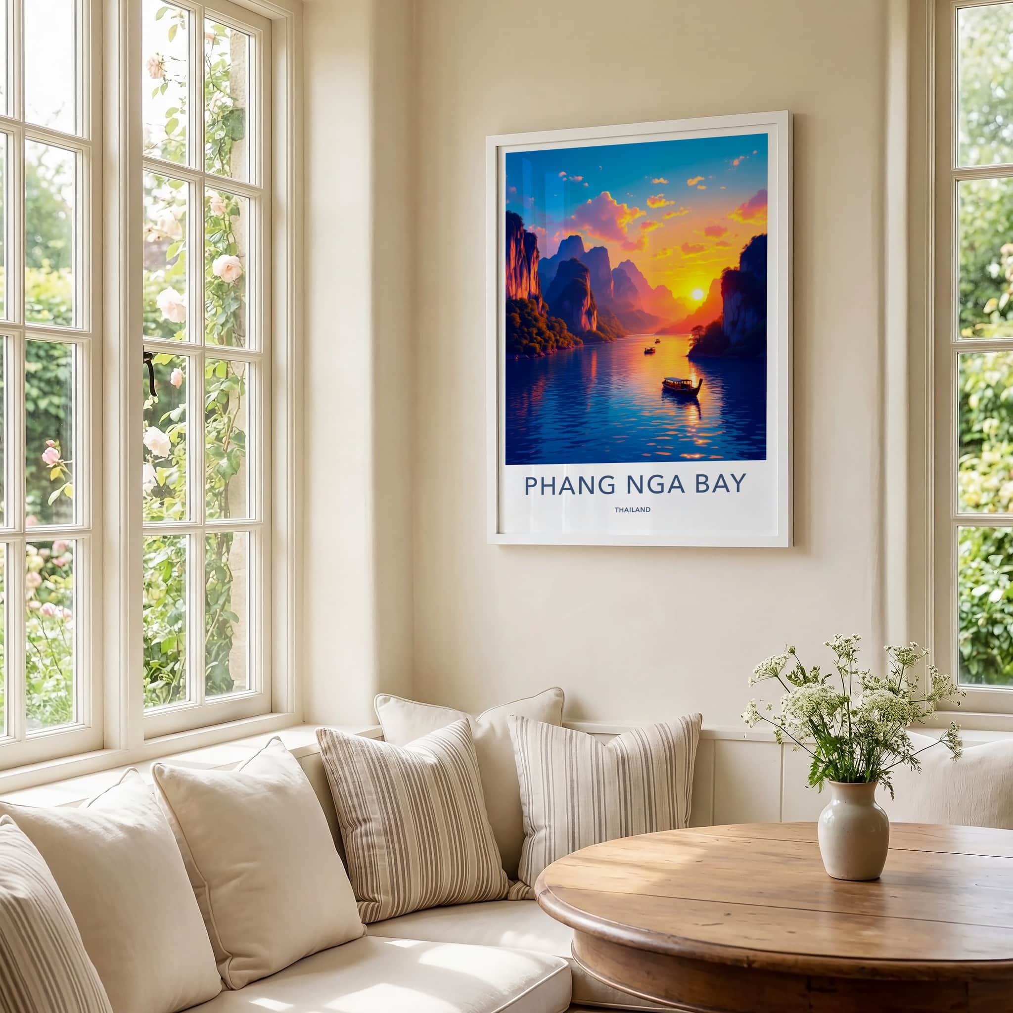 Phang Nga Bay Poster - Thailand Travel Art - Vibrant Sunset Boats Home Decor