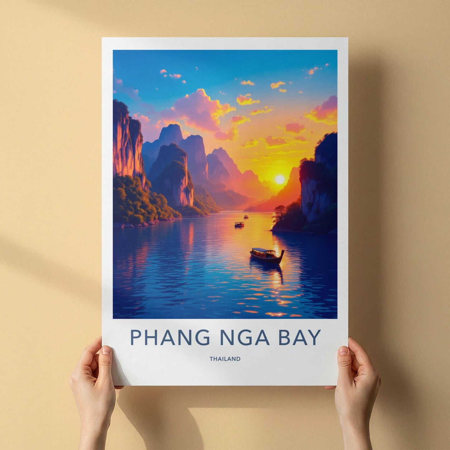 Phang Nga Bay Poster - Thailand Travel Art - Vibrant Sunset Boats Home Decor