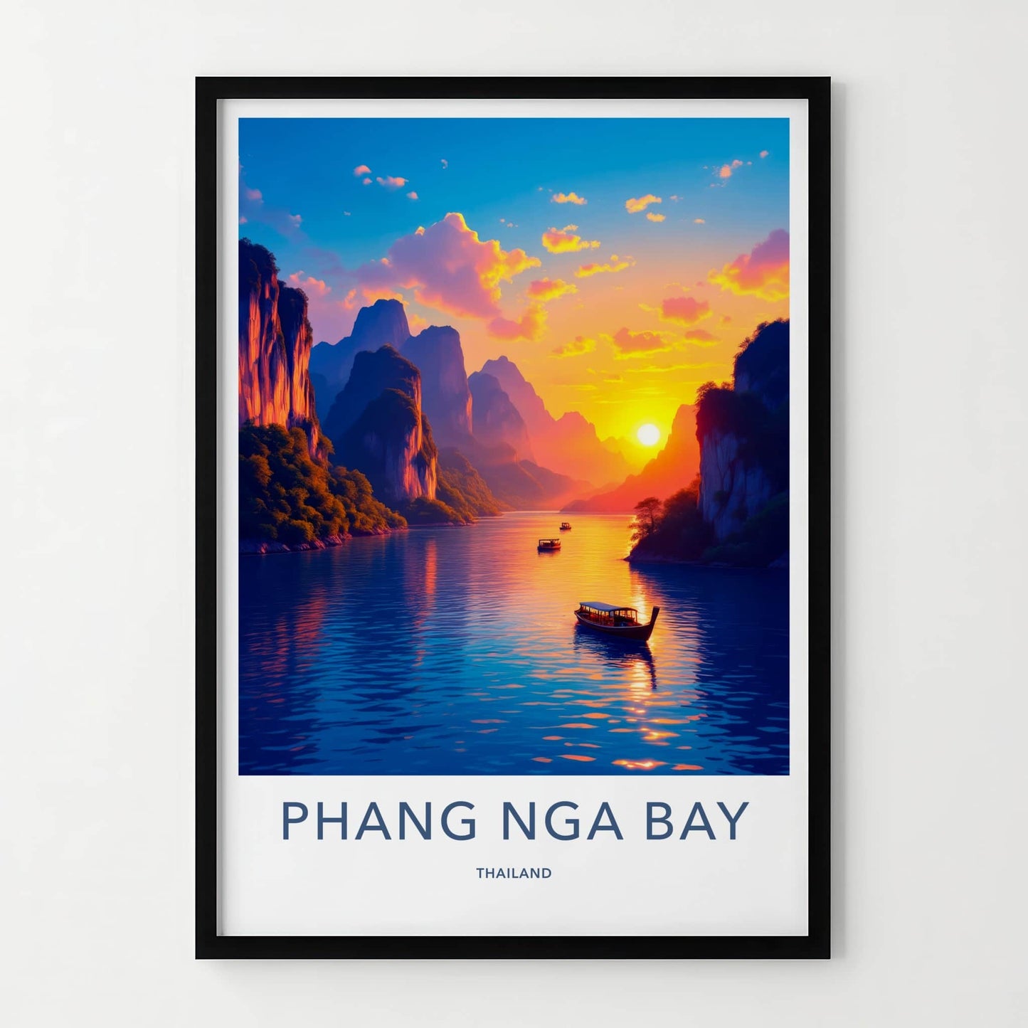 Phang Nga Bay Poster - Thailand Travel Art - Vibrant Sunset Boats Home Decor