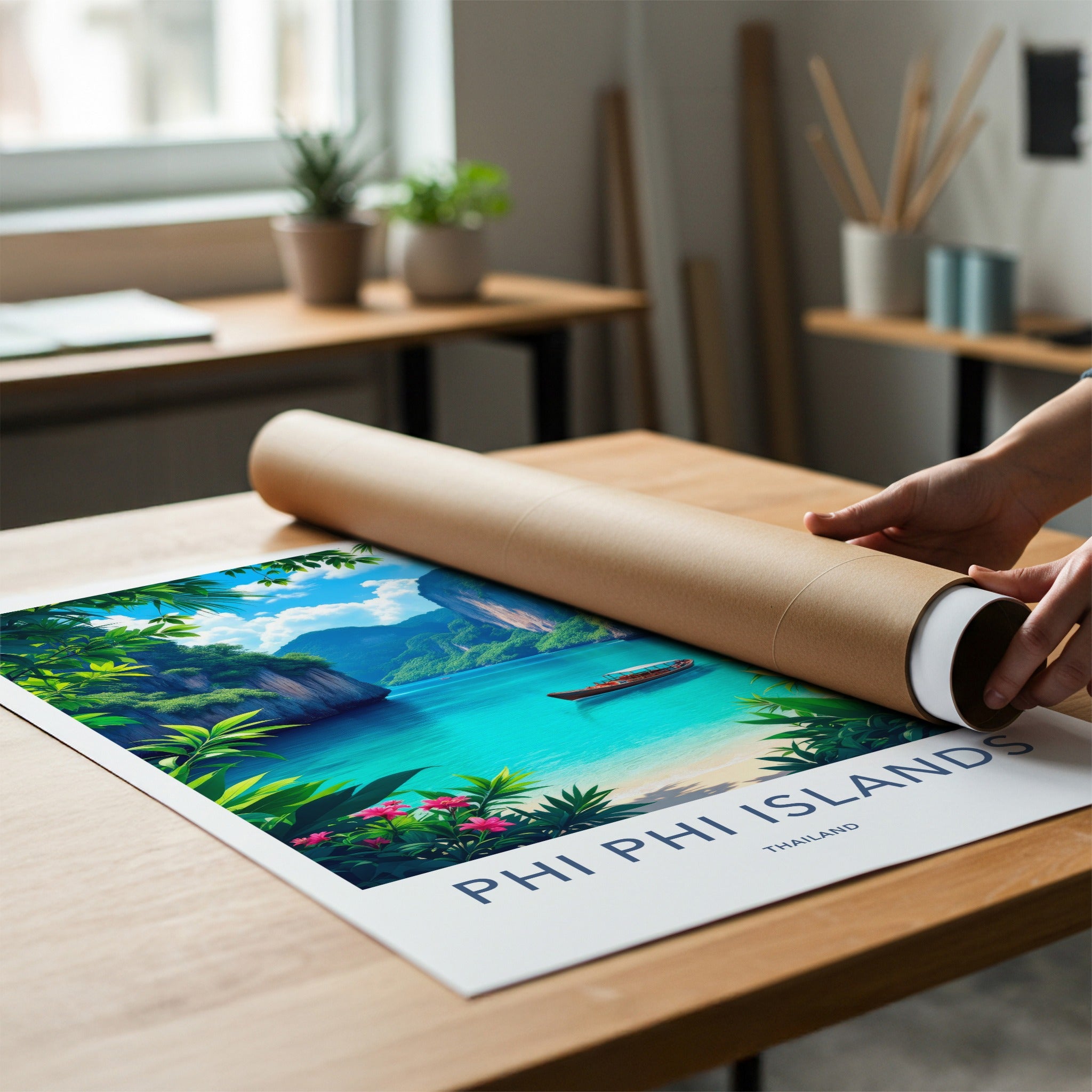 Phi Phi Islands Poster - Thailand Travel Art - Tropical Bay Boat Home Decor