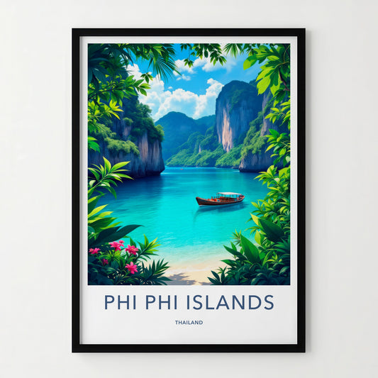 Phi Phi Islands Poster - Thailand Travel Art - Tropical Bay Boat Home Decor