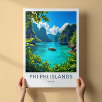 Phi Phi Islands Poster - Thailand Travel Art - Turquoise Bay Boat Home Decor
