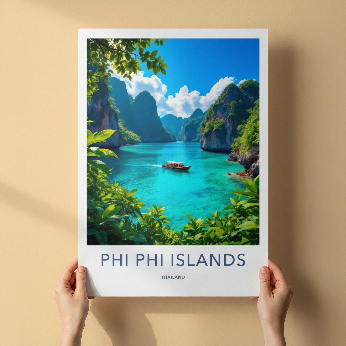 Phi Phi Islands Poster - Thailand Travel Art - Turquoise Bay Boat Home Decor