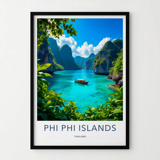 Phi Phi Islands Poster - Thailand Travel Art - Turquoise Bay Boat Home Decor