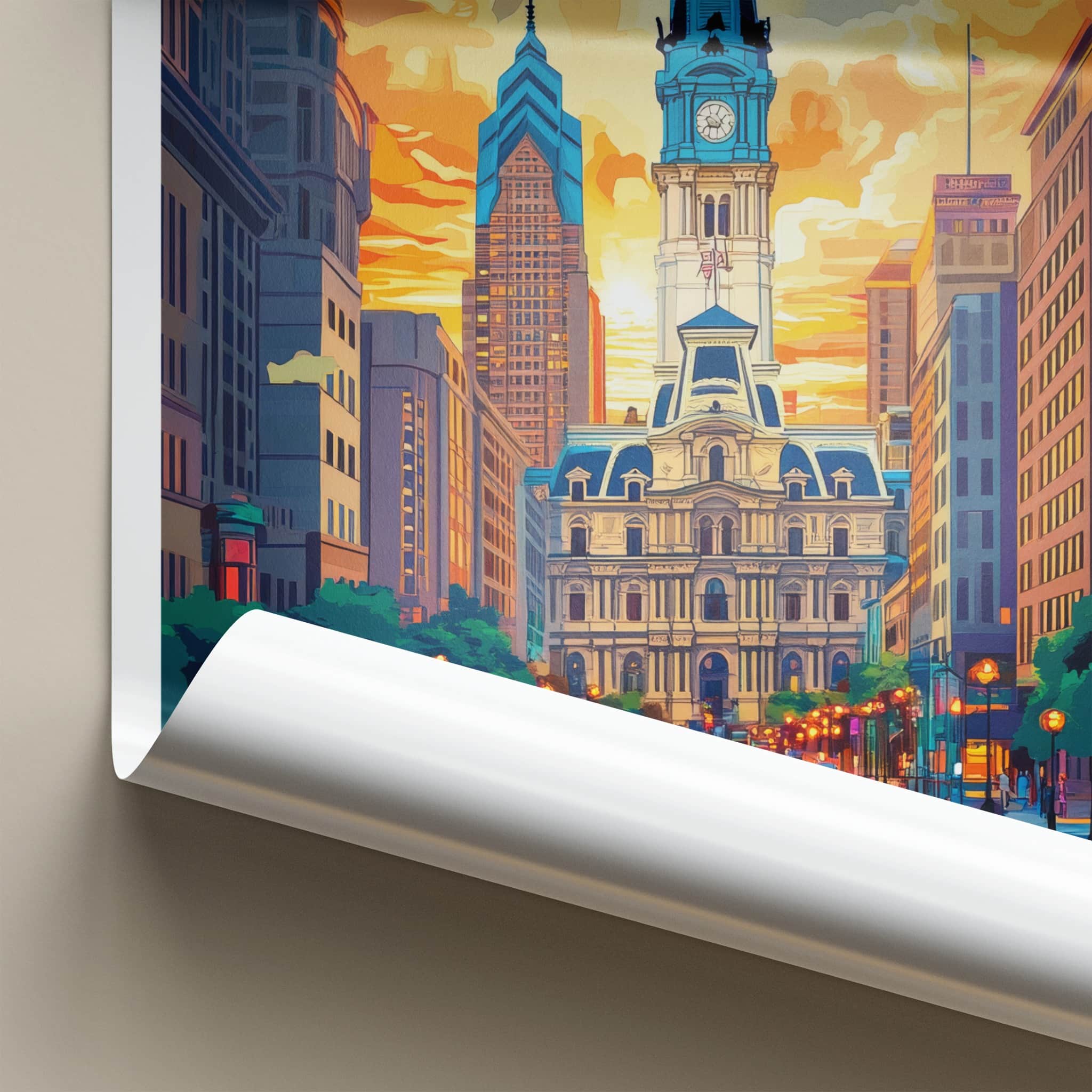 Philadelphia Poster - Pennsylvania Travel Art - Iconic Building Sunset Home Decor