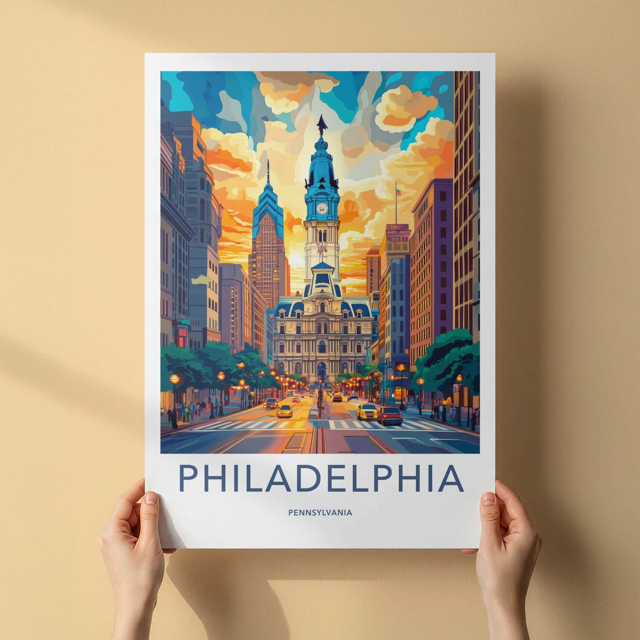 Philadelphia Poster - Pennsylvania Travel Art - Iconic Building Sunset Home Decor