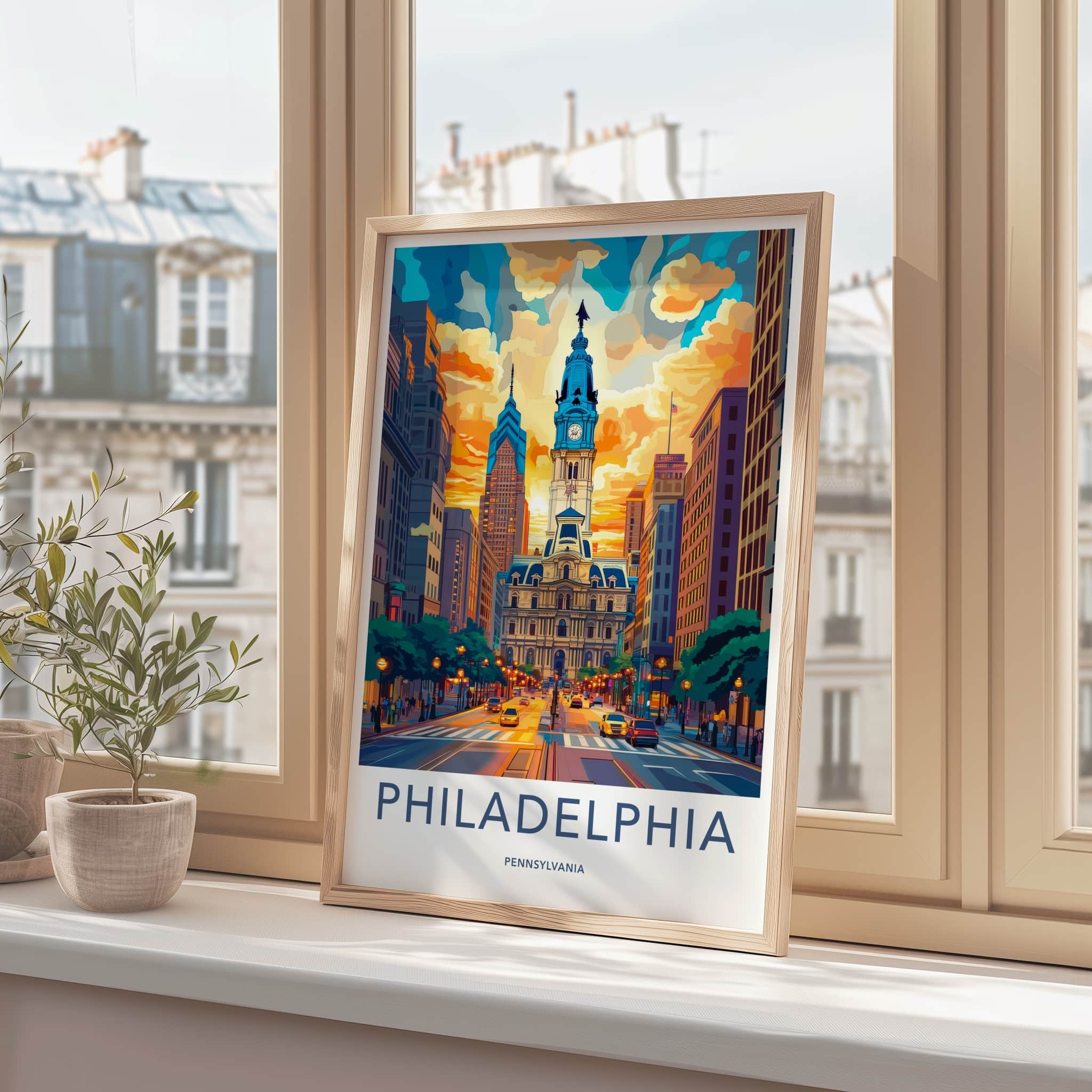 Philadelphia Poster - Pennsylvania Travel Art - Iconic Building Sunset Home Decor