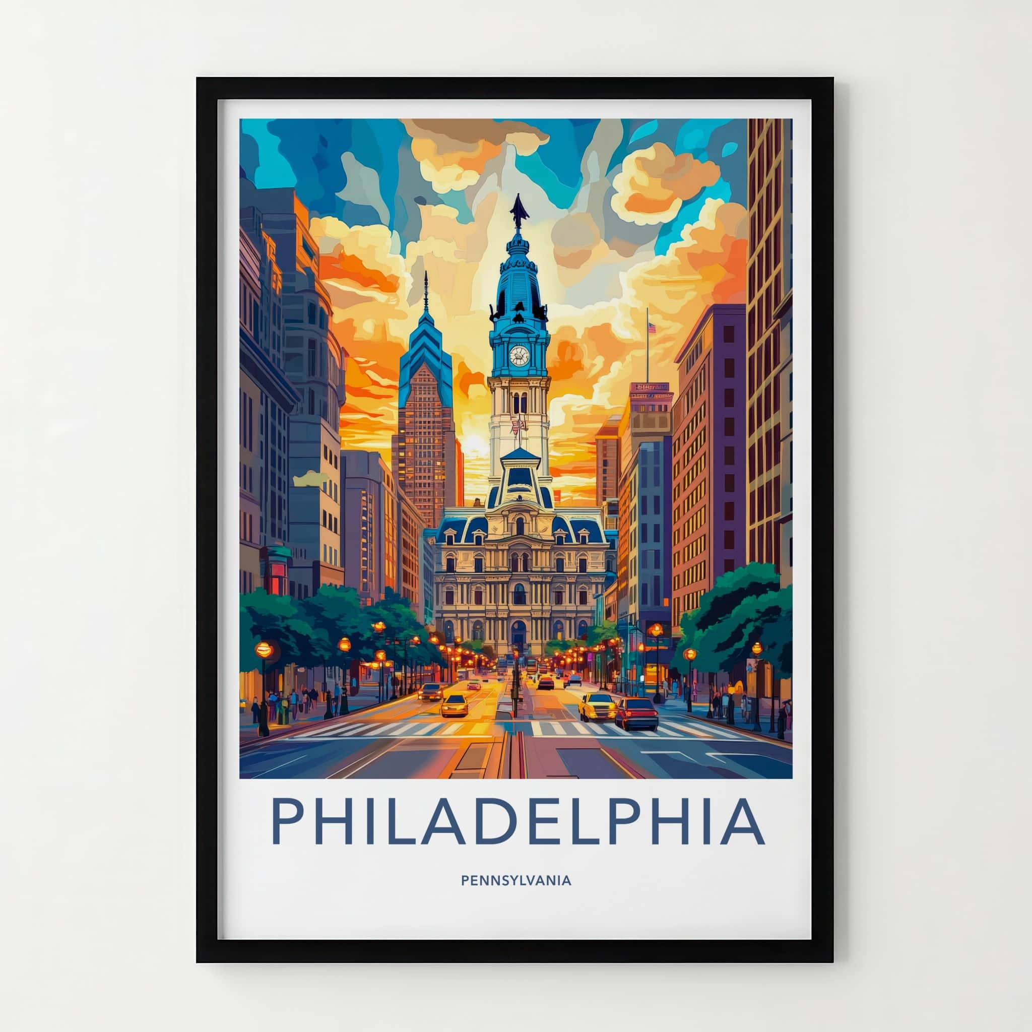 Philadelphia Poster - Pennsylvania Travel Art - Iconic Building Sunset Home Decor