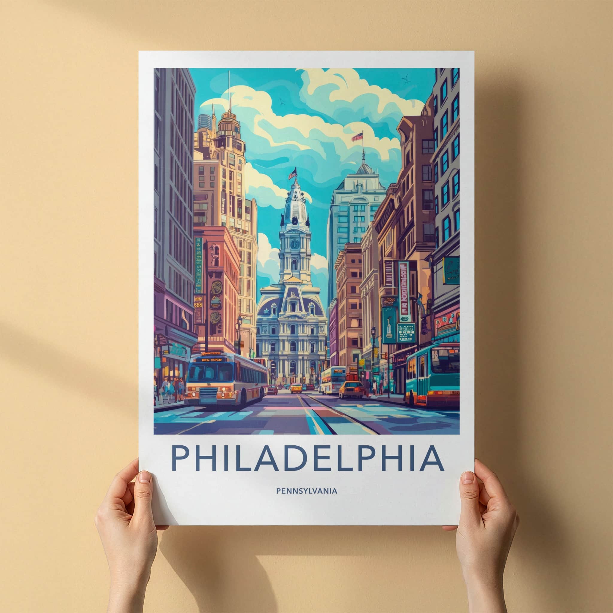 Philadelphia Poster - Pennsylvania Wall Art - Vibrant Downtown Scene Home Decor