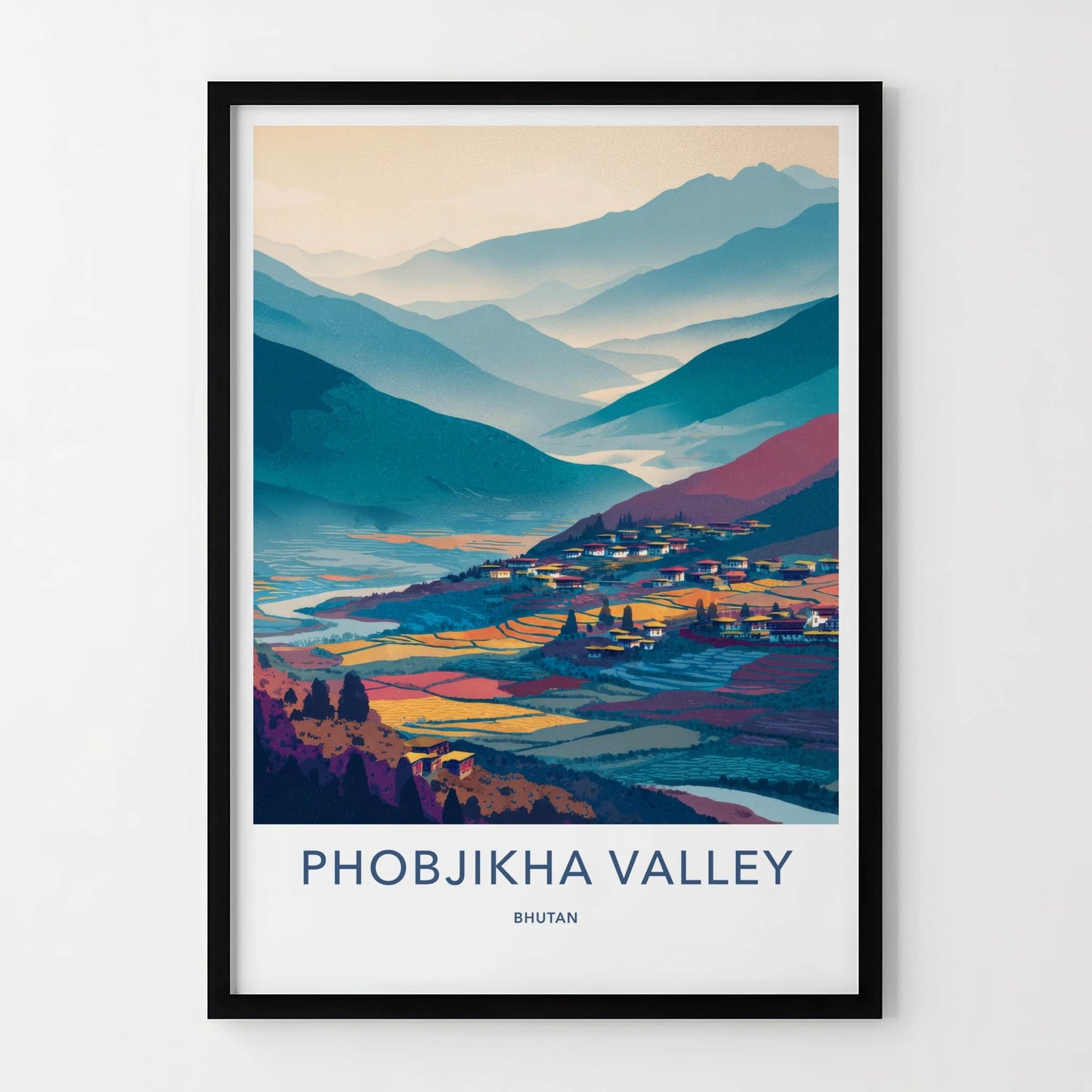 Phobjikha Poster - Bhutan Wall Art - Mountain Valley Village Home Decor