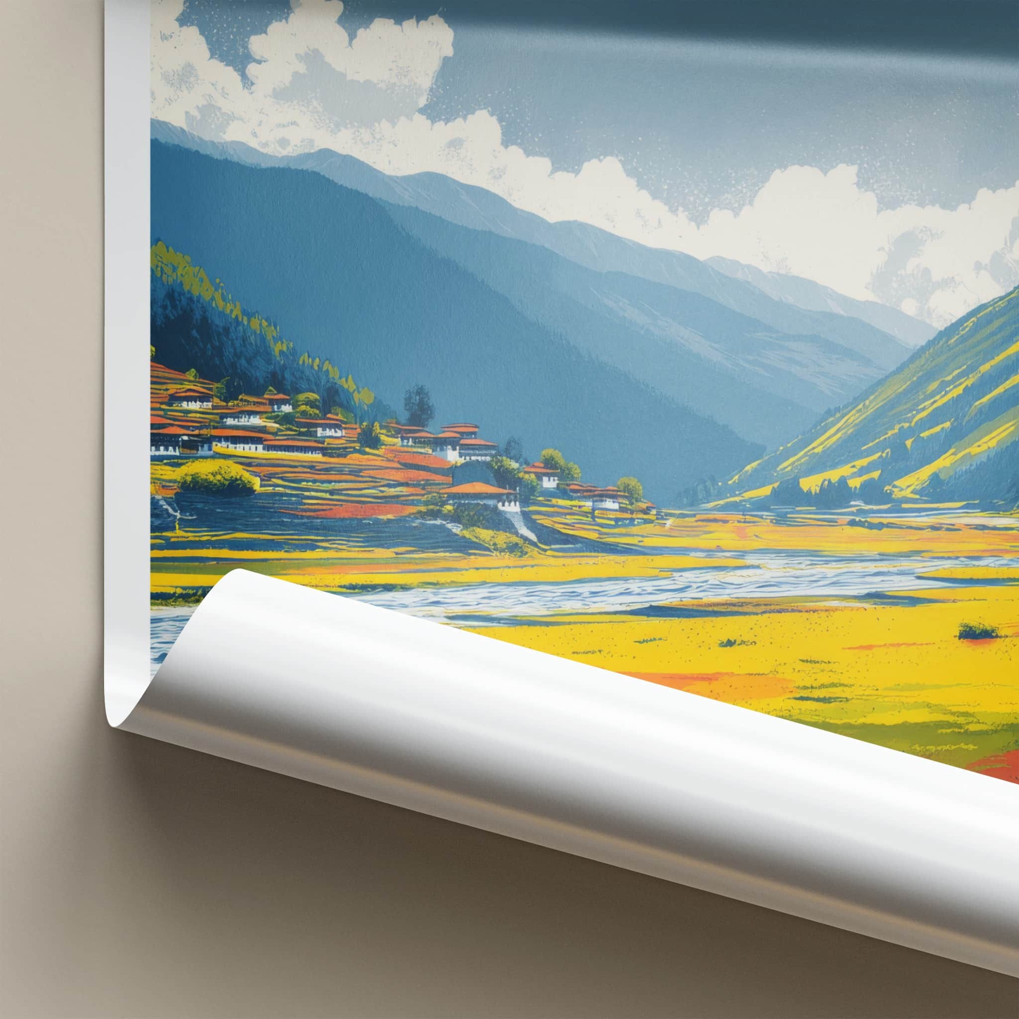 Phobjikha Poster - Bhutan Wall Art - Valley Village River Home Decor