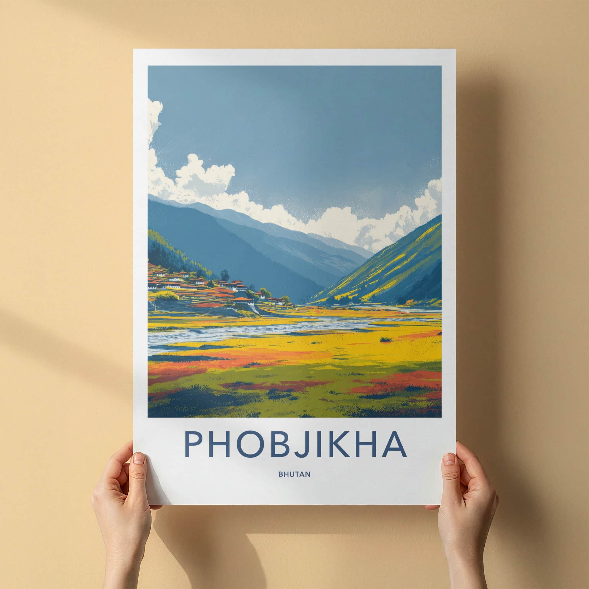 Phobjikha Poster - Bhutan Wall Art - Valley Village River Home Decor