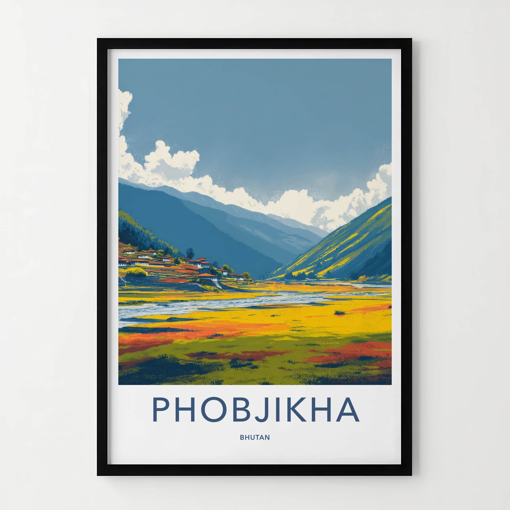 Phobjikha Poster - Bhutan Wall Art - Valley Village River Home Decor