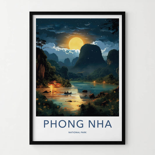 Phong Nha National Park Poster - Vietnam Travel Art - Moonlit River Boat Home Decor