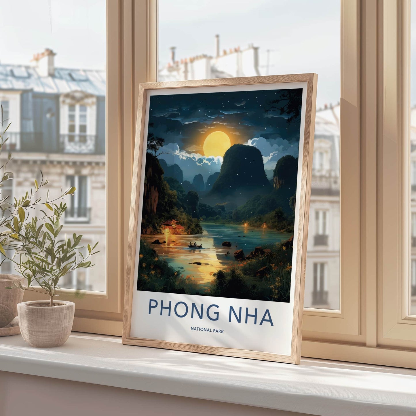 Phong Nha National Park Poster - Vietnam Travel Art - Moonlit River Boat Home Decor