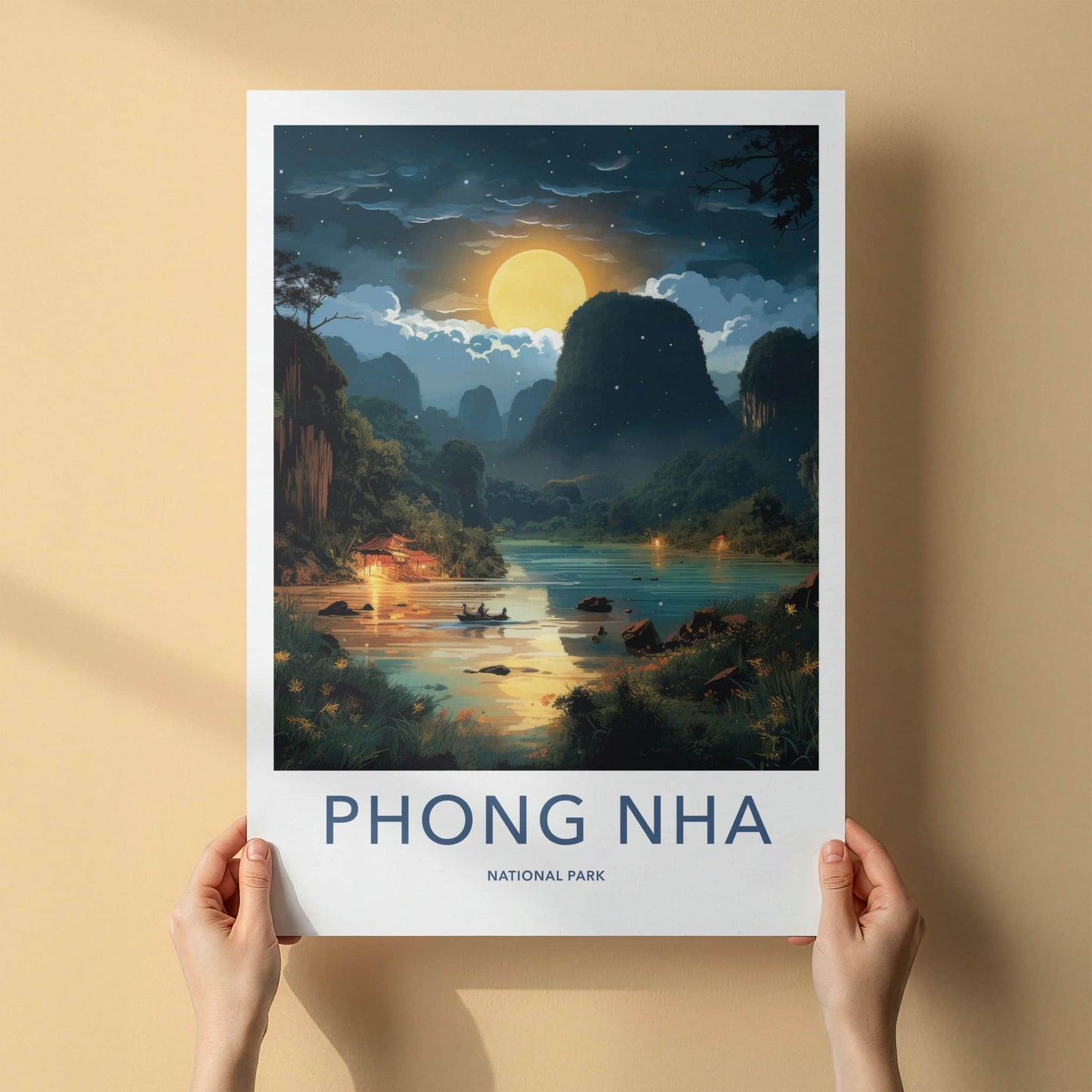 Phong Nha National Park Poster - Vietnam Travel Art - Moonlit River Boat Home Decor