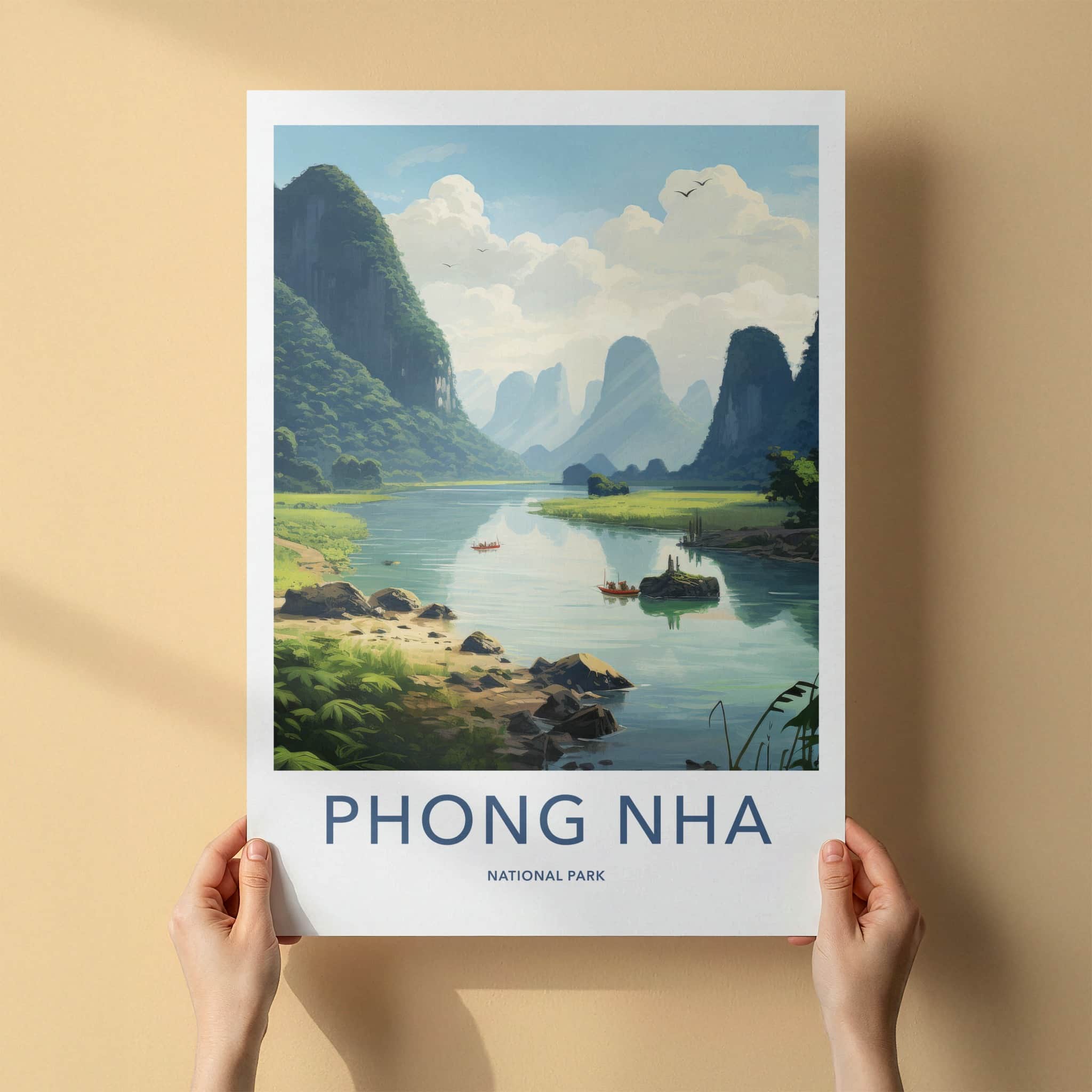 Phong Nha Poster - Vietnam Travel Art - Limestone Peaks River Home Decor