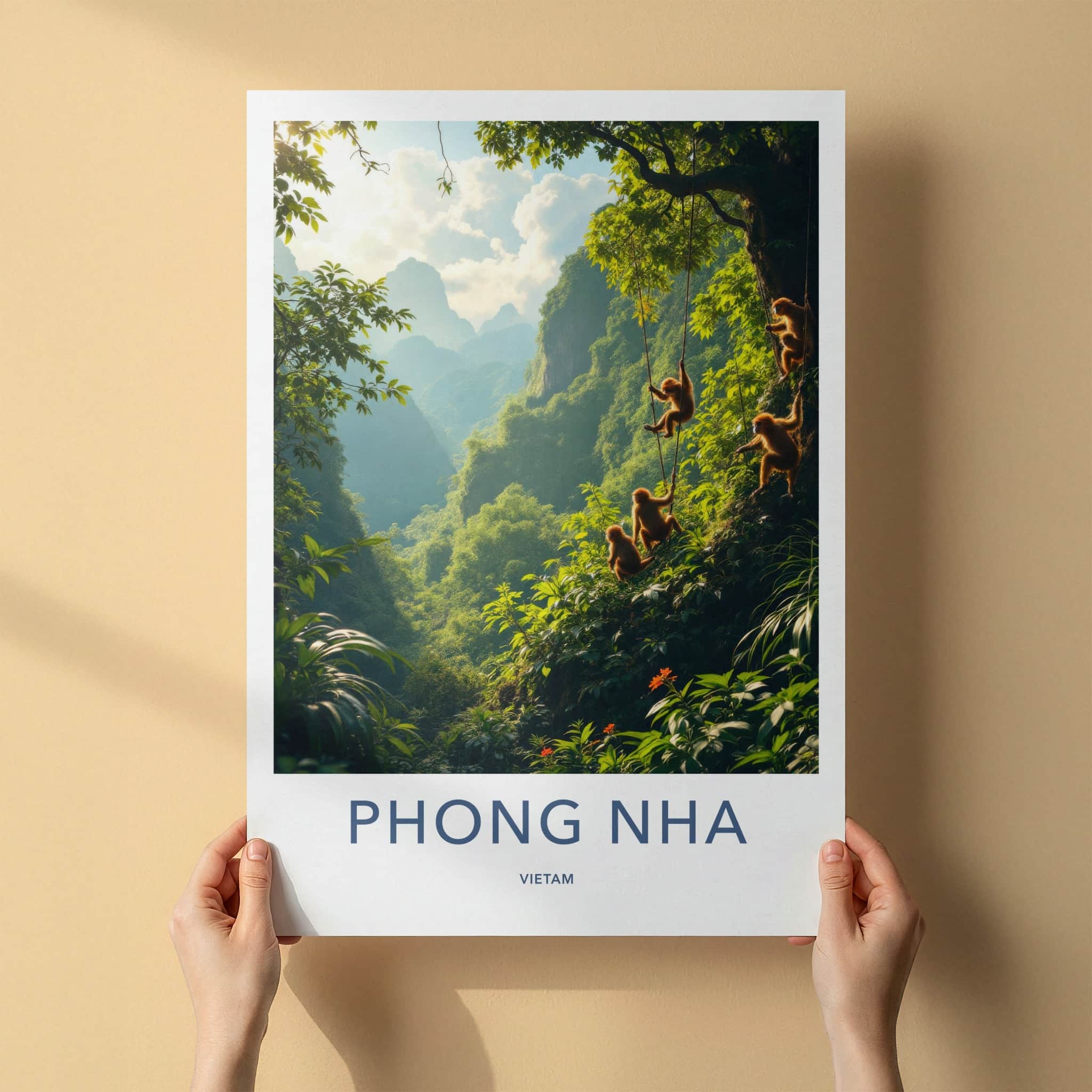 Phong Nha Poster - Vietnam Travel Art - Monkeys Climbing Vines Home Decor