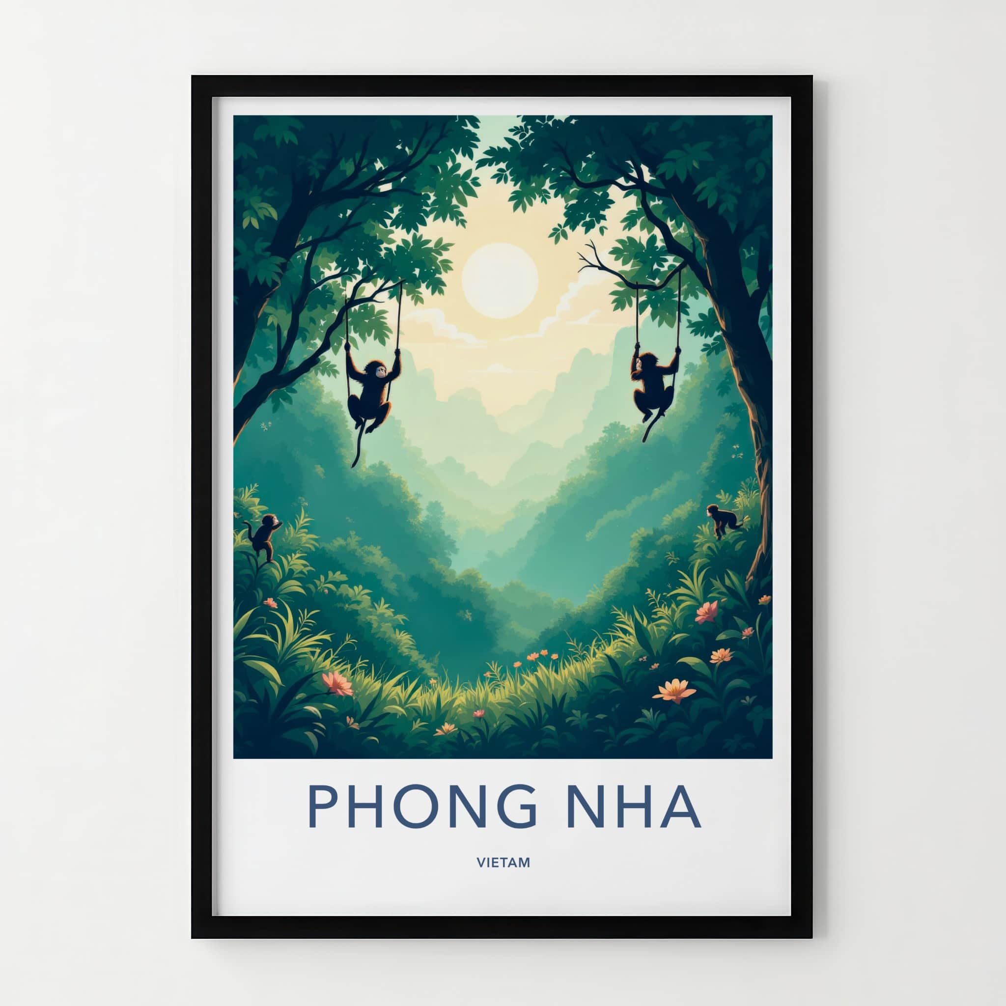 Phong Nha Poster - Vietnam Travel Art - Monkeys Jungle Swinging Home Decor
