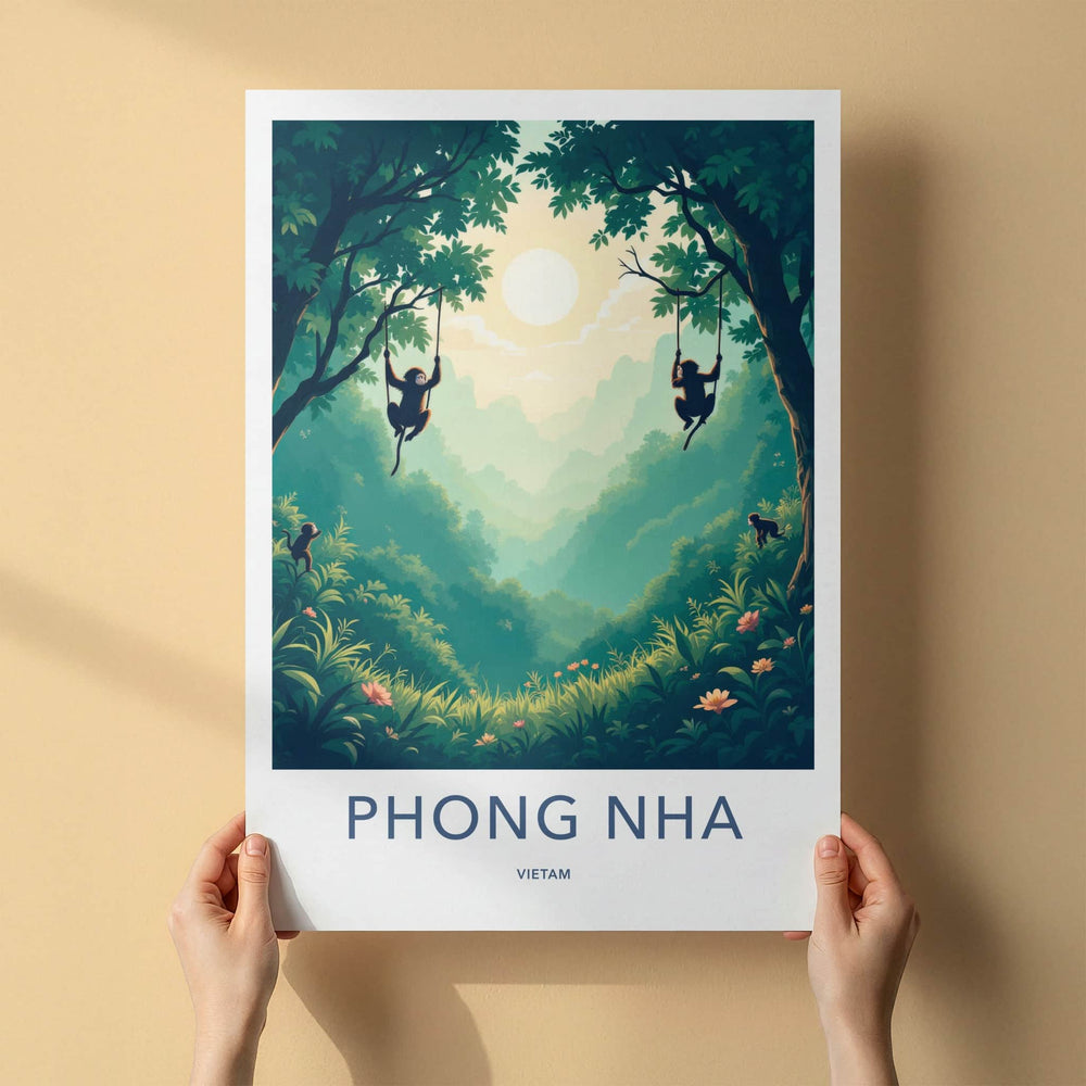 Phong Nha Poster - Vietnam Travel Art - Monkeys Jungle Swinging Home Decor