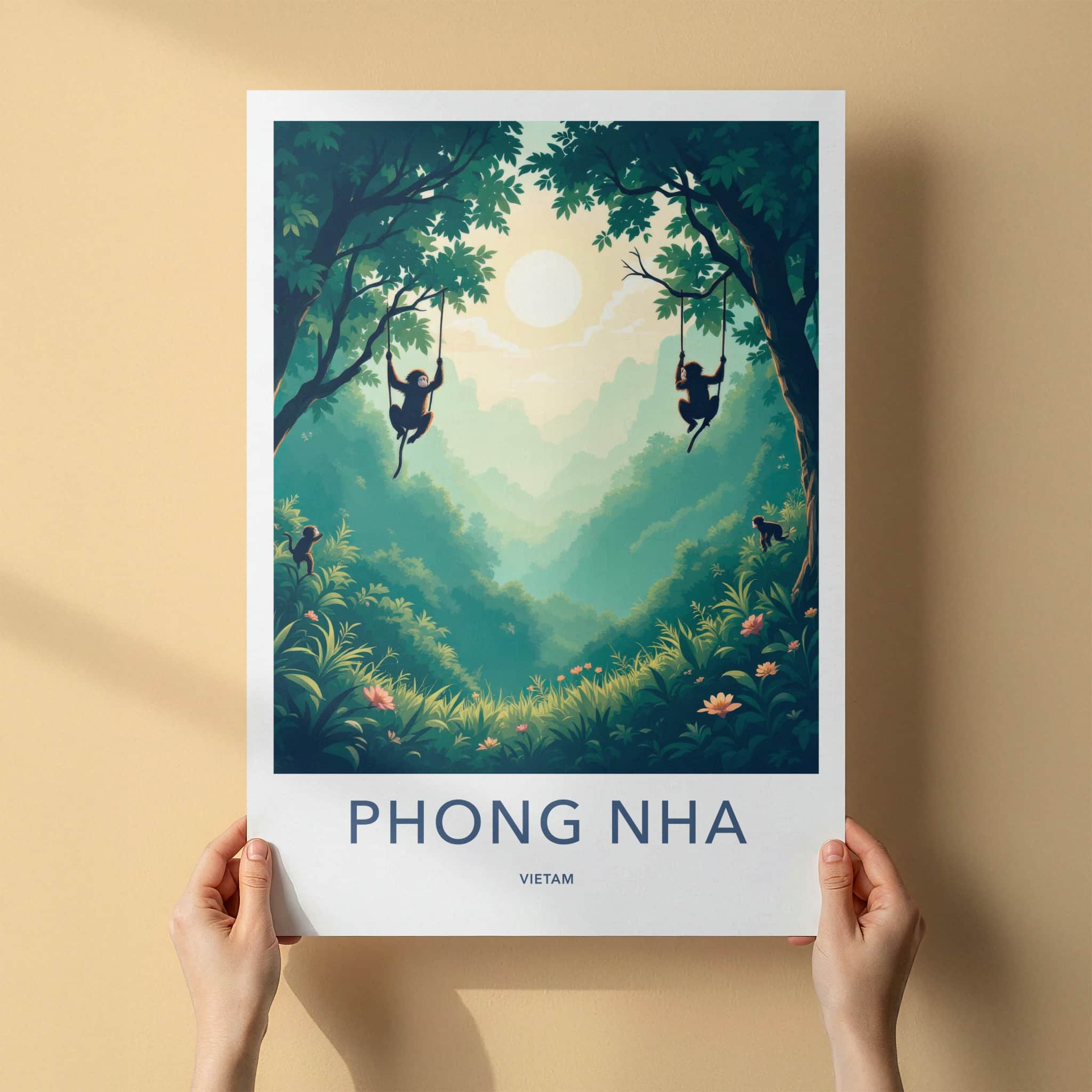 Phong Nha Poster - Vietnam Travel Art - Monkeys Jungle Swinging Home Decor