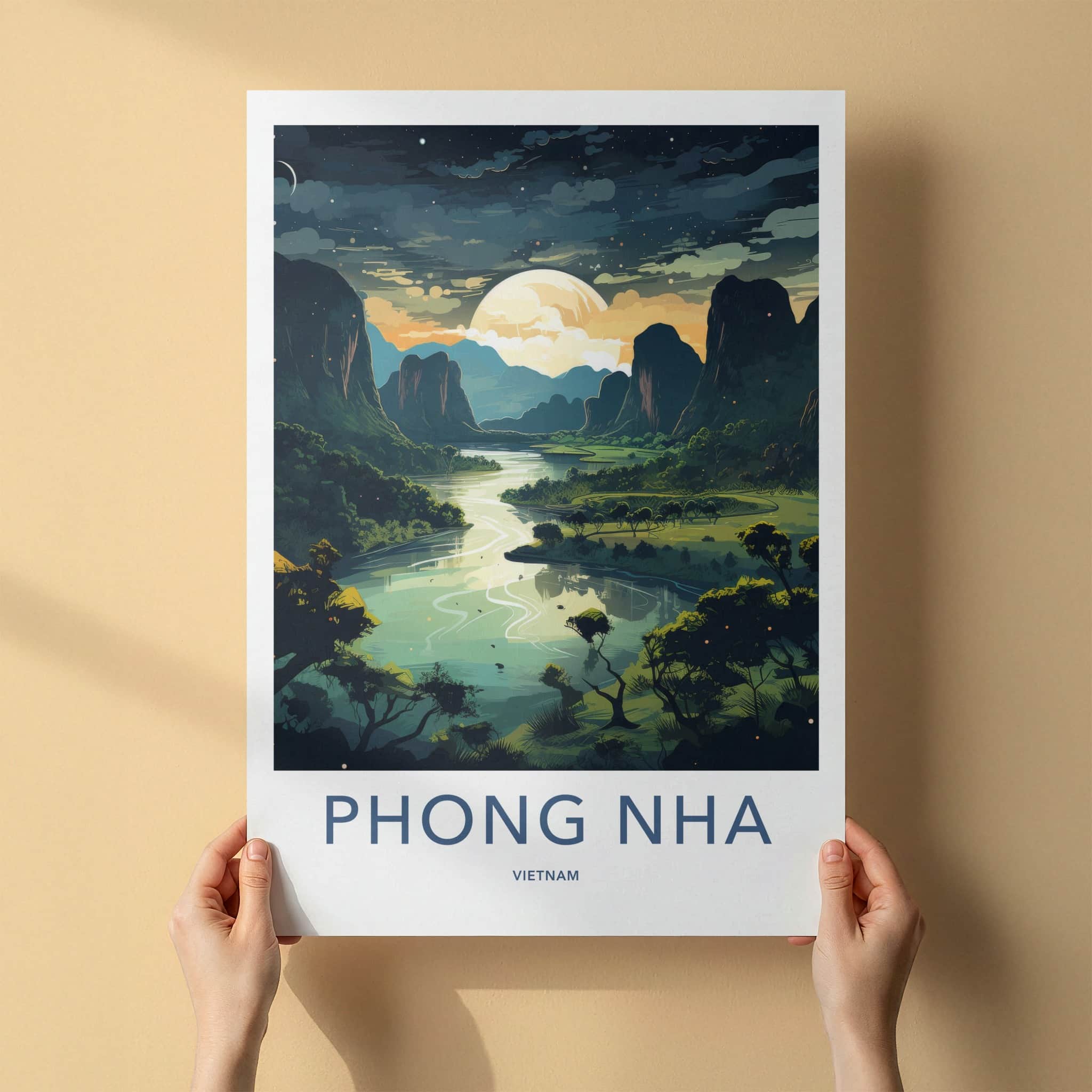 Phong Nha Poster - Vietnam Travel Art - Moonlit River Valley Home Decor