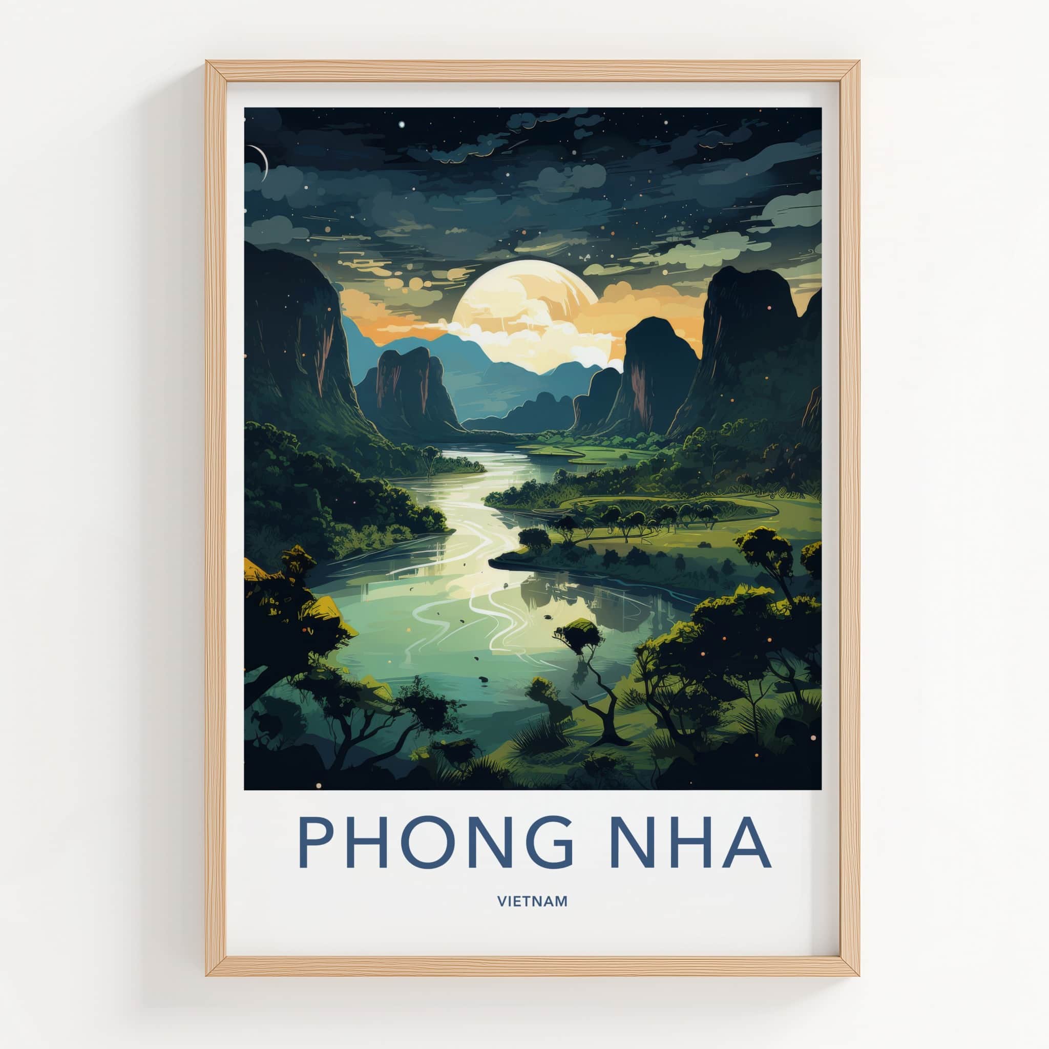 Phong Nha Poster - Vietnam Travel Art - Moonlit River Valley Home Decor