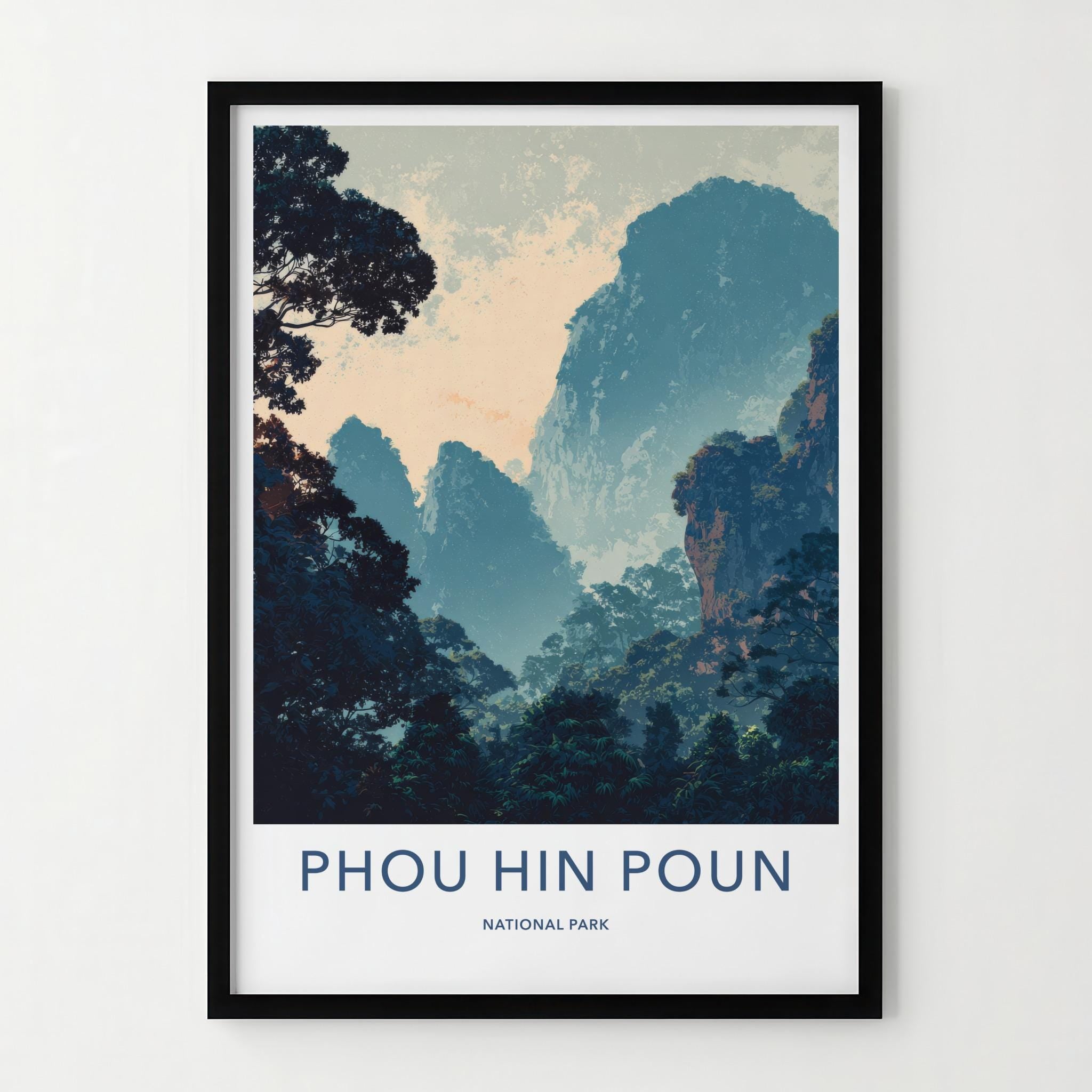 Phou Hin Poun National Park Poster - Laos Travel Print - Misty Karst Landscape Wall Decor