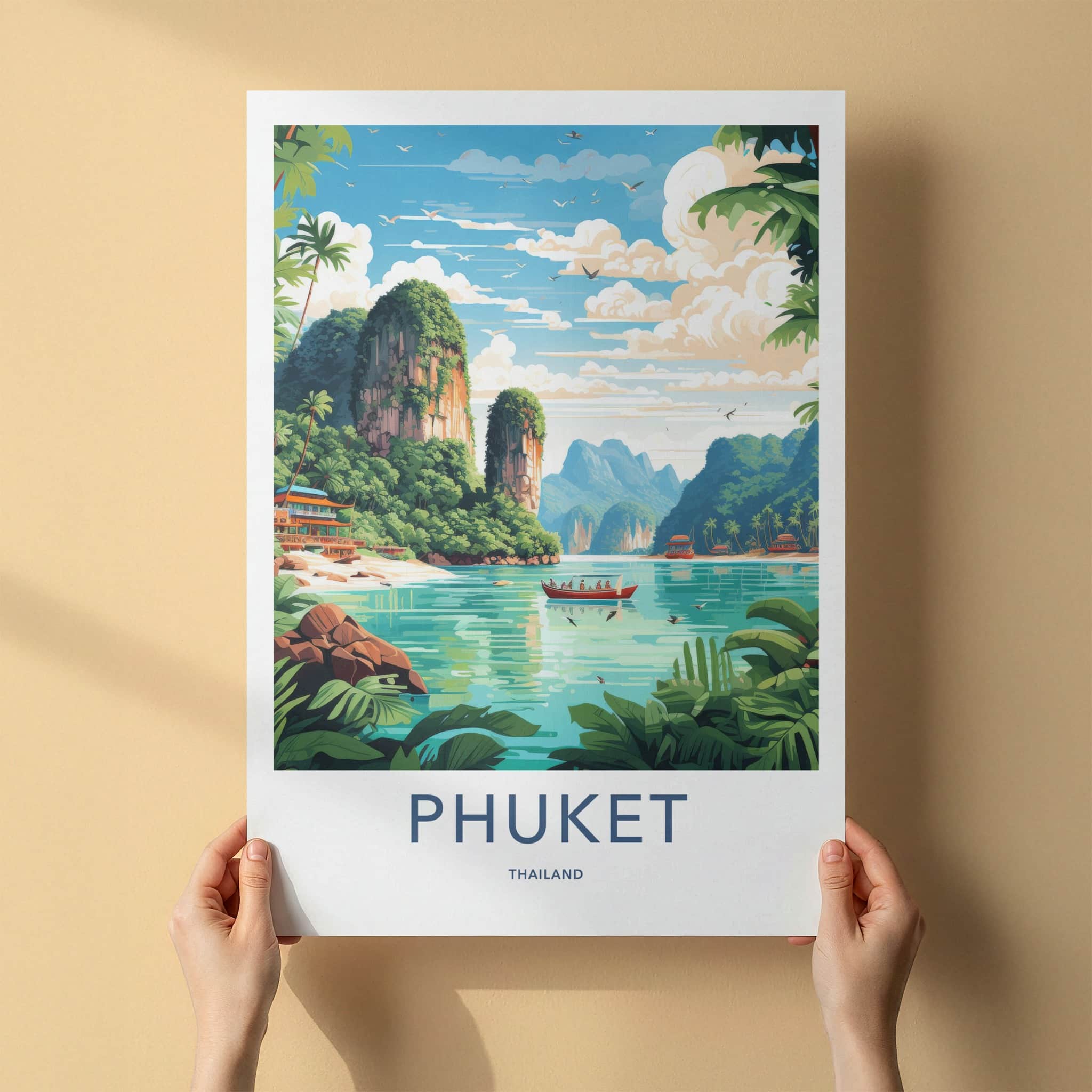 Phuket Poster - Thailand Travel Art - Emerald Lagoon Boats Home Decor