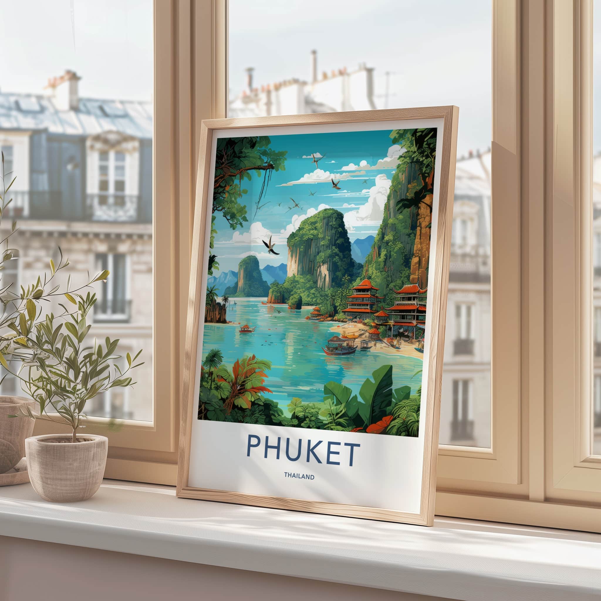 Phuket Poster - Thailand Travel Art - Tropical Bay Pagodas Home Decor