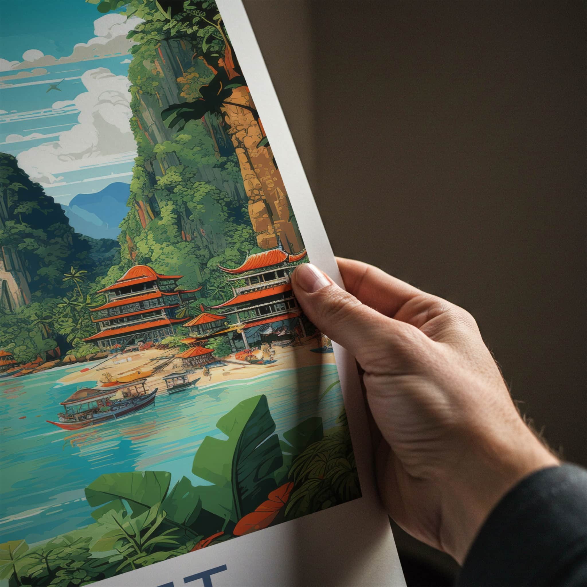Phuket Poster - Thailand Travel Art - Tropical Bay Pagodas Home Decor