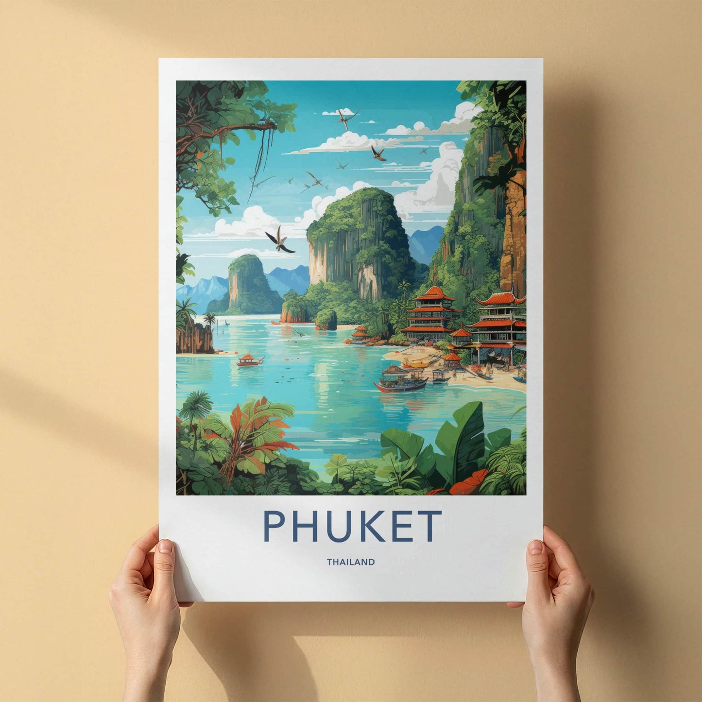 Phuket Poster - Thailand Travel Art - Tropical Bay Pagodas Home Decor