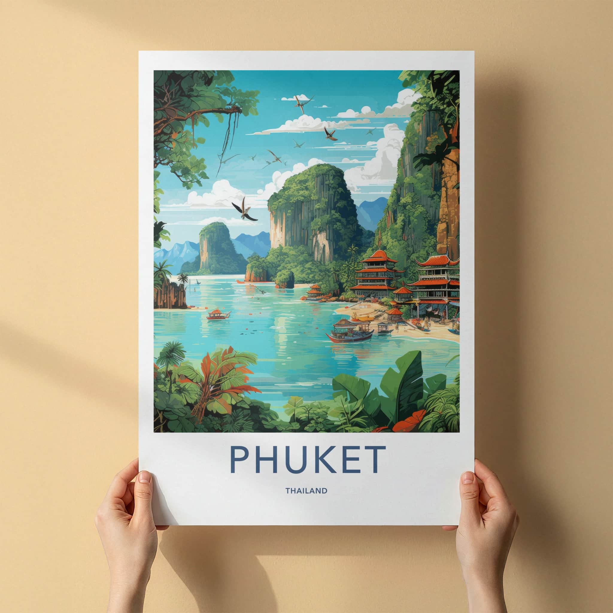 Phuket Poster - Thailand Travel Art - Tropical Bay Pagodas Home Decor