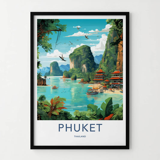 Phuket Poster - Thailand Travel Art - Tropical Bay Pagodas Home Decor