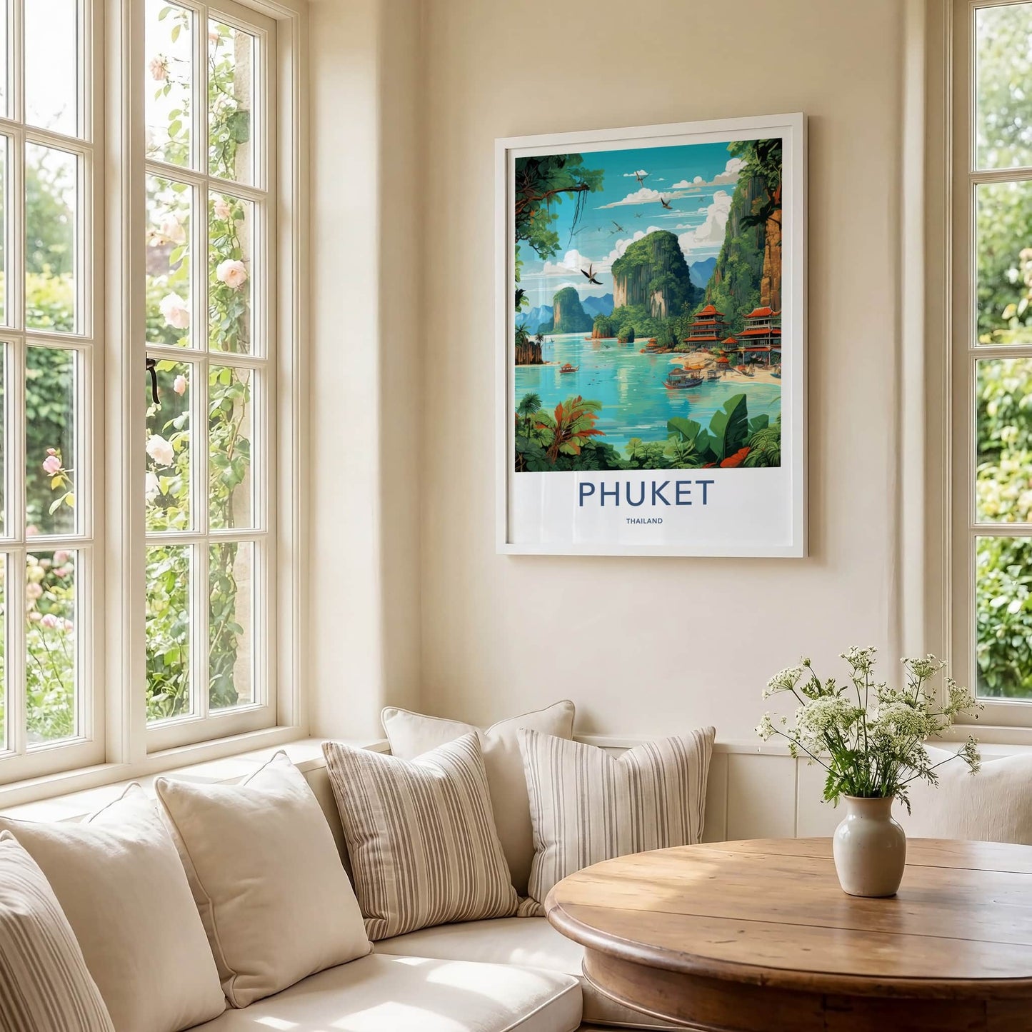 Phuket Poster - Thailand Travel Art - Tropical Bay Pagodas Home Decor