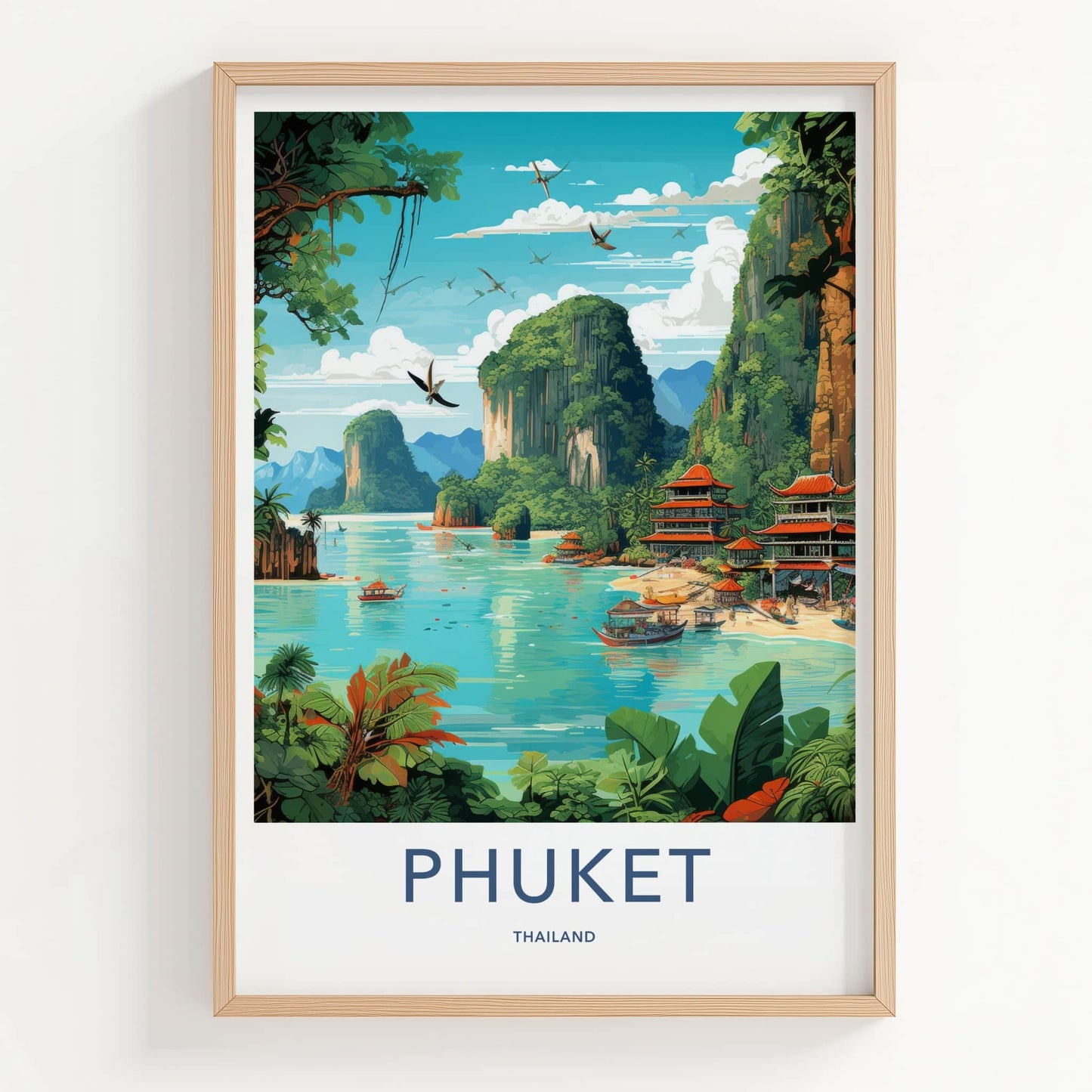 Phuket Poster - Thailand Travel Art - Tropical Bay Pagodas Home Decor