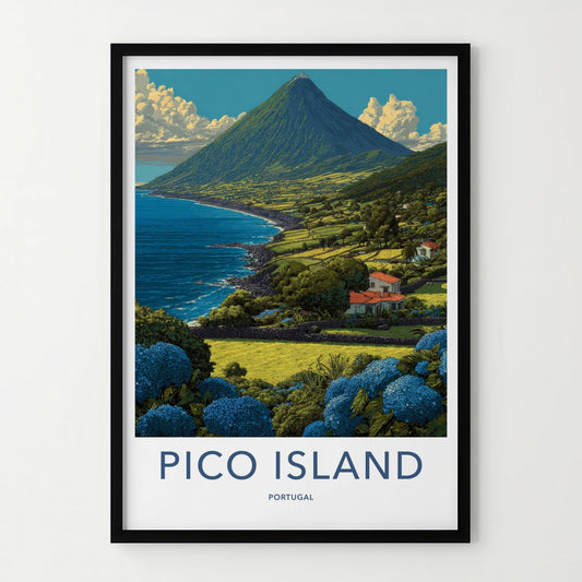 Pico Island Poster - Portugal Travel Art - Coastal mountain panorama Wall Decor