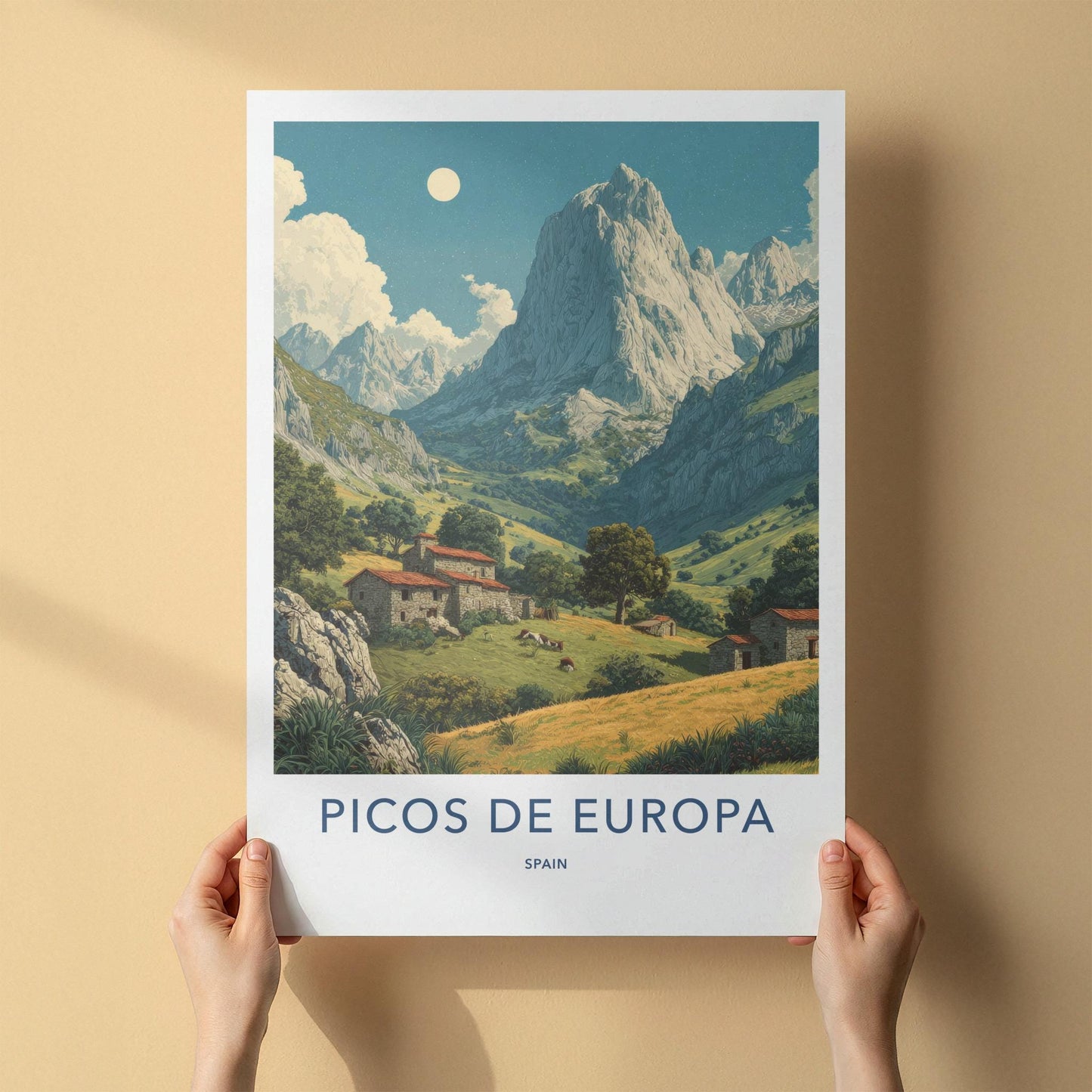 Picos De Europa Poster - Spain Travel Art - Moonlit Mountain Scene Home Decor