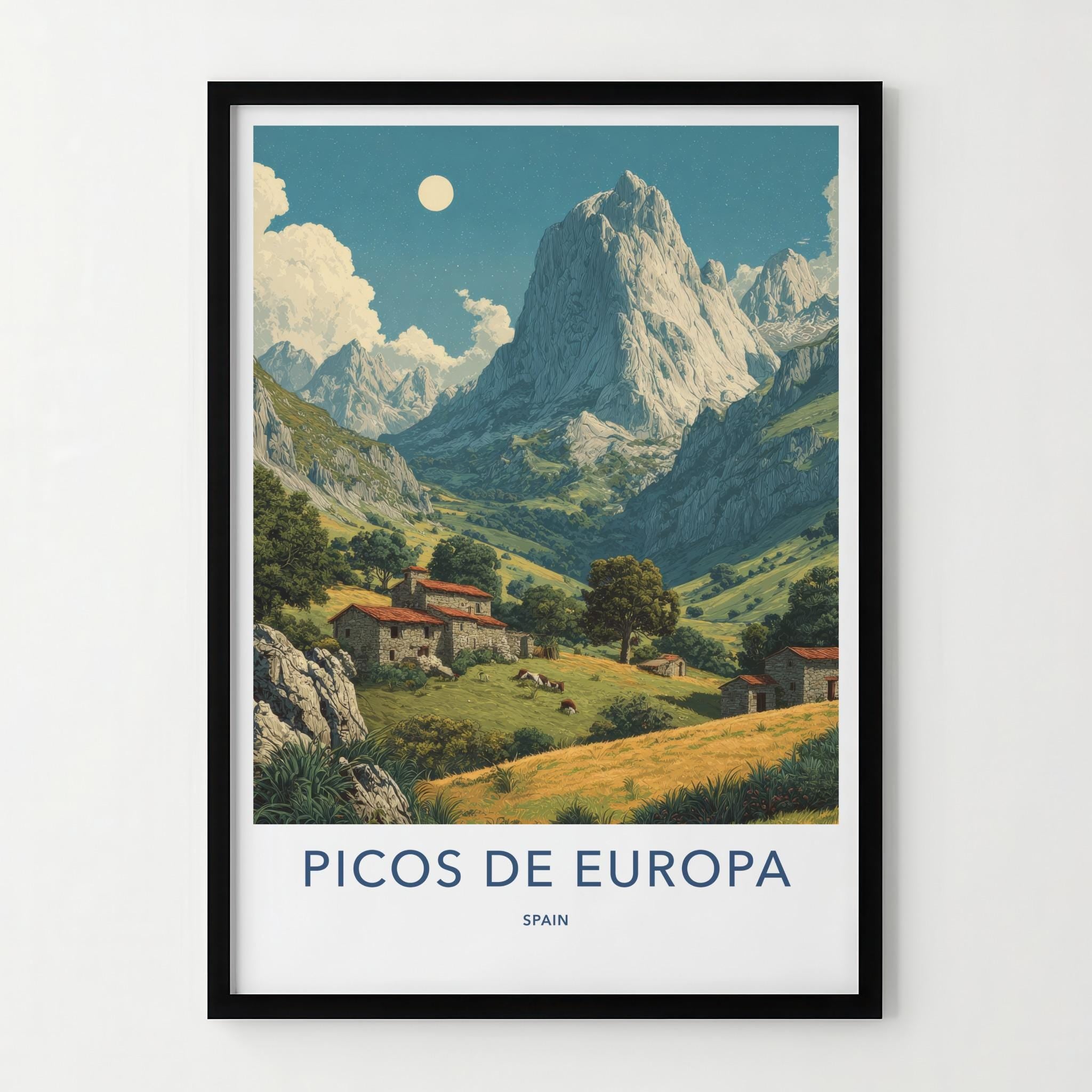 Picos De Europa Poster - Spain Travel Art - Moonlit Mountain Scene Home Decor