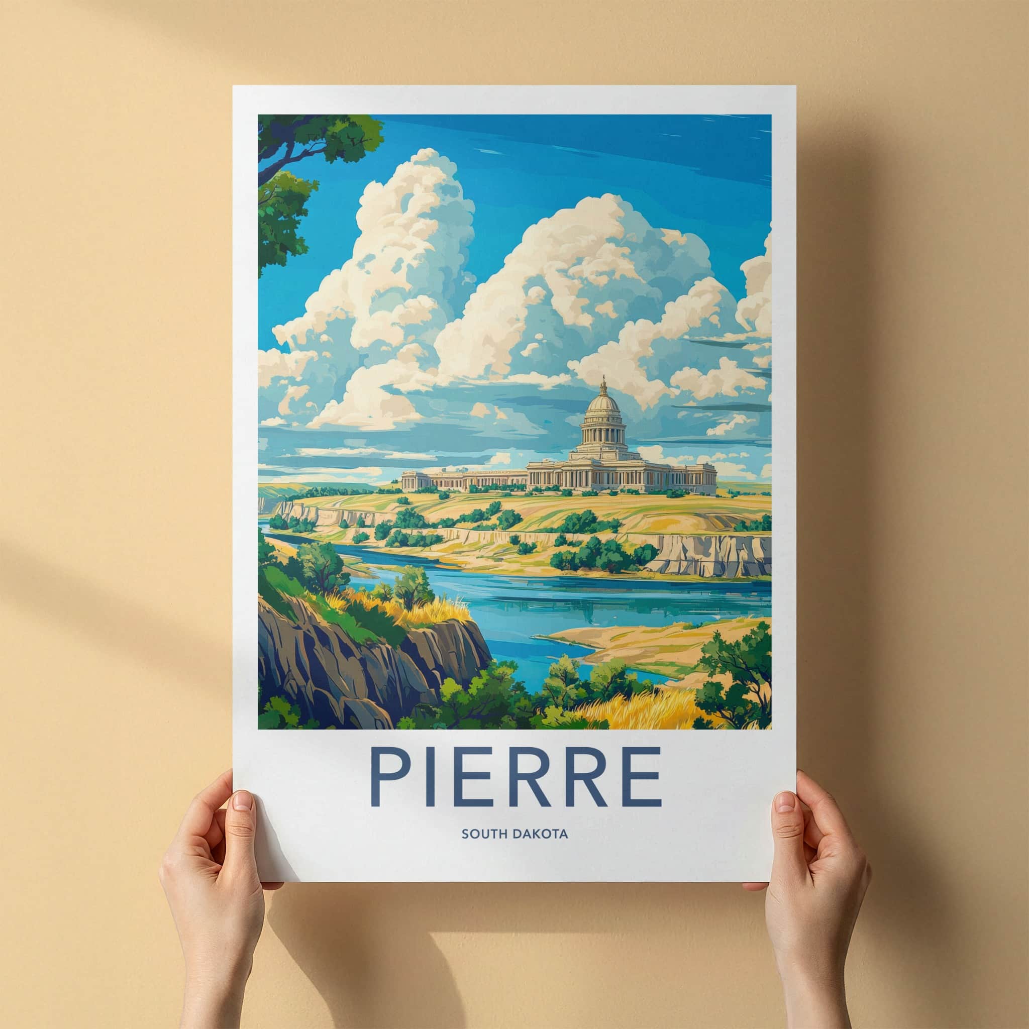Pierre Poster - South Dakota Travel Art - Capitol River Bluff Wall Decor
