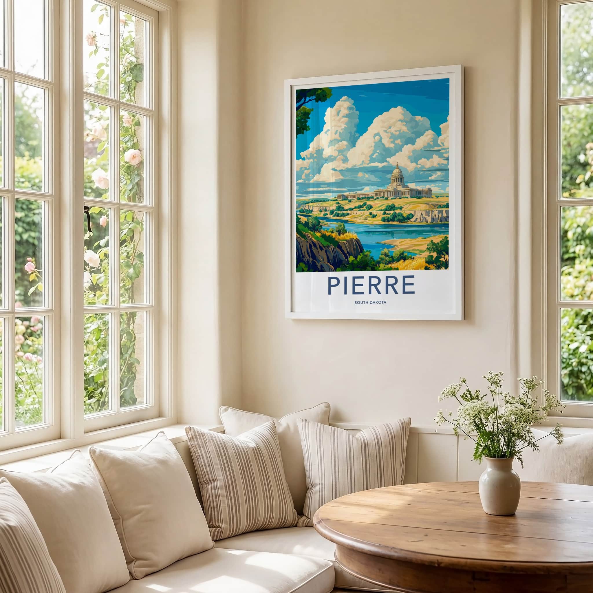 Pierre Poster - South Dakota Travel Art - Capitol River Bluff Wall Decor