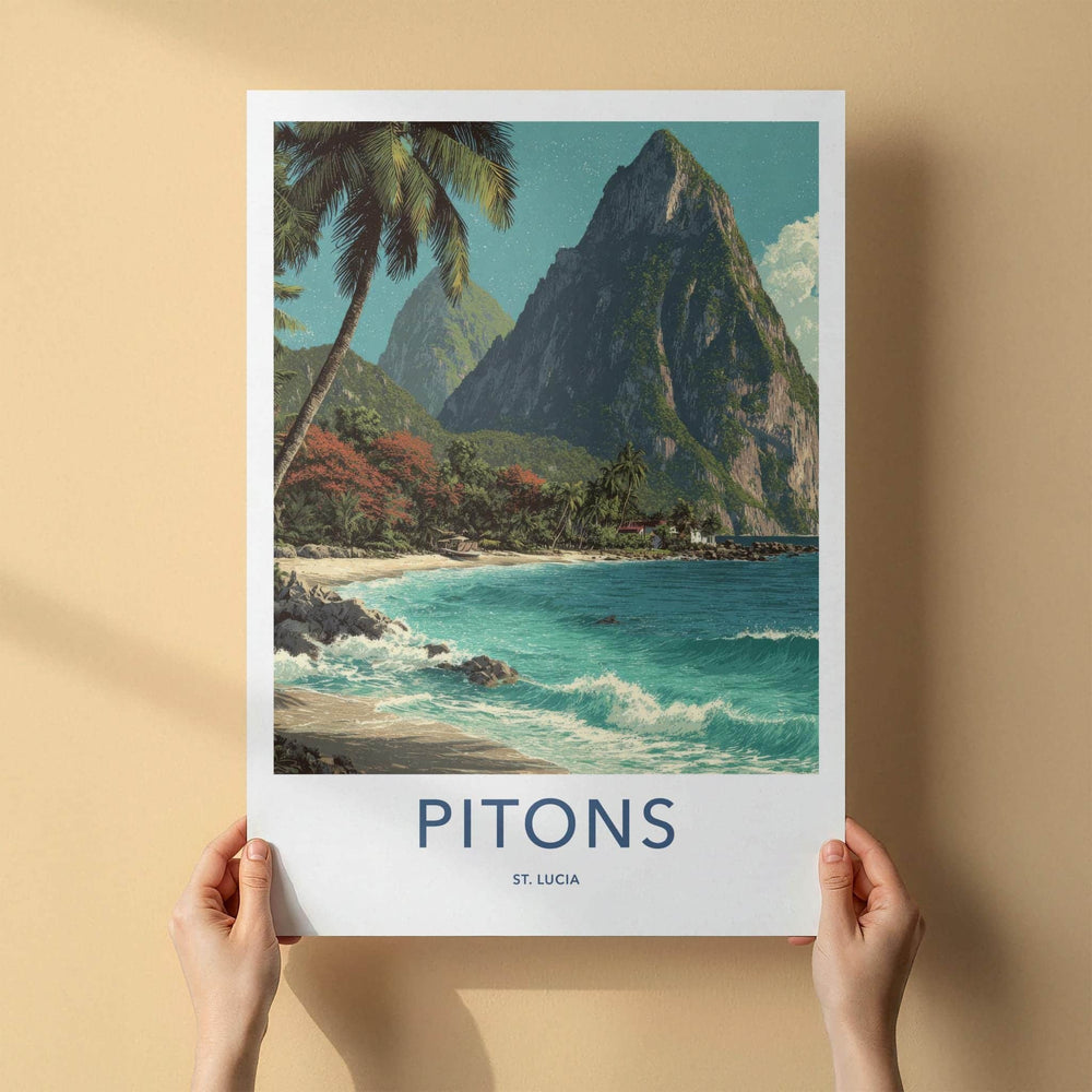 Pitons Poster - Saint Lucia Travel Art - Tropical Beach Scene Home Decor