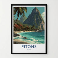Pitons Poster - Saint Lucia Travel Art - Tropical Beach Scene Home Decor