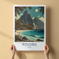 Pitons Poster - Saint Lucia Travel Art - Tropical Beachscape Moon Home Decor