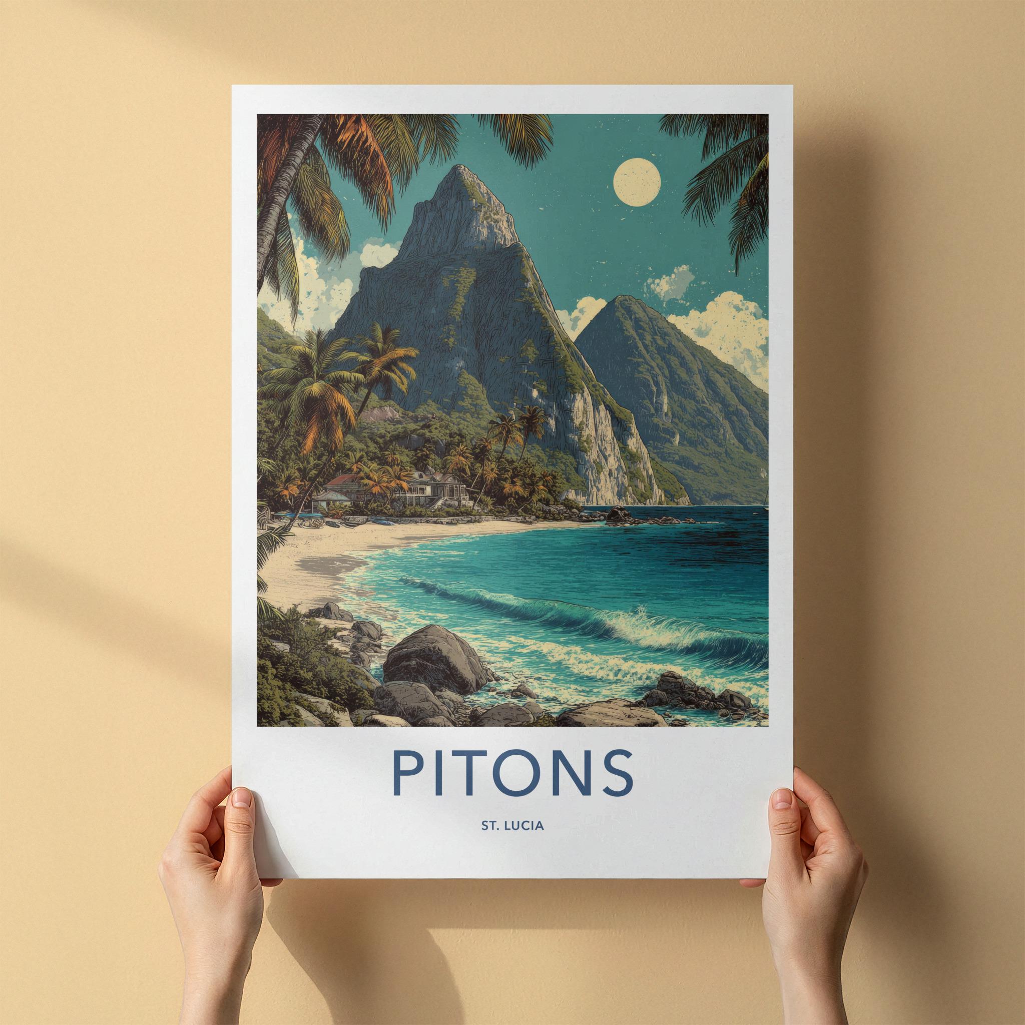 Pitons Poster - Saint Lucia Travel Art - Tropical Beachscape Moon Home Decor