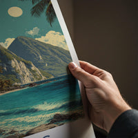 Pitons Poster - Saint Lucia Travel Art - Tropical Beachscape Moon Home Decor