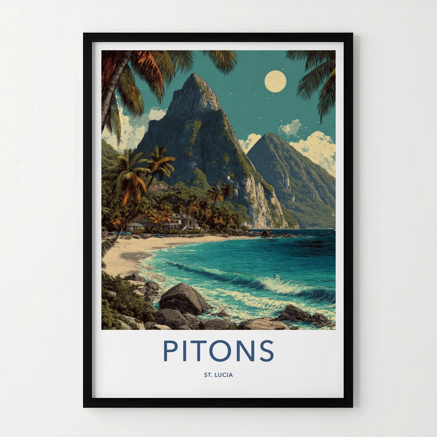 Pitons Poster - Saint Lucia Travel Art - Tropical Beachscape Moon Home Decor