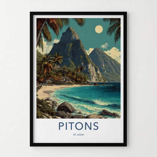 Pitons Poster - Saint Lucia Travel Art - Tropical Beachscape Moon Home Decor